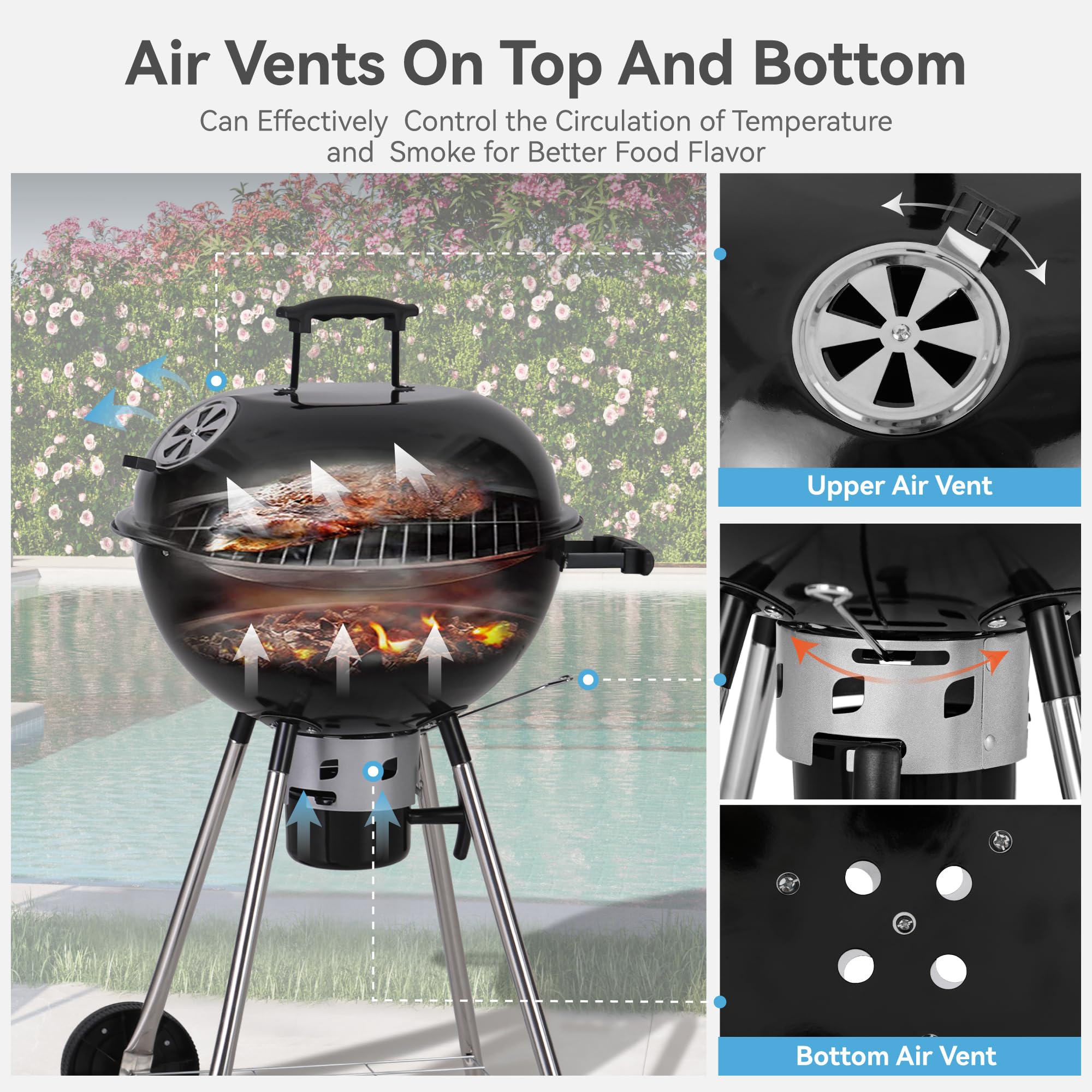 GREEN PARTY 18 Inch Portable Charcoal BBQ Grill with Wheels - Porcelain-Enameled Lid & Ash Catcher for Outdoor Cooking, Camping, Picnics, Tailgating & Backyard Barbecues | Heavy-Duty Kettle Grill for Patio, Garden & RV Trips