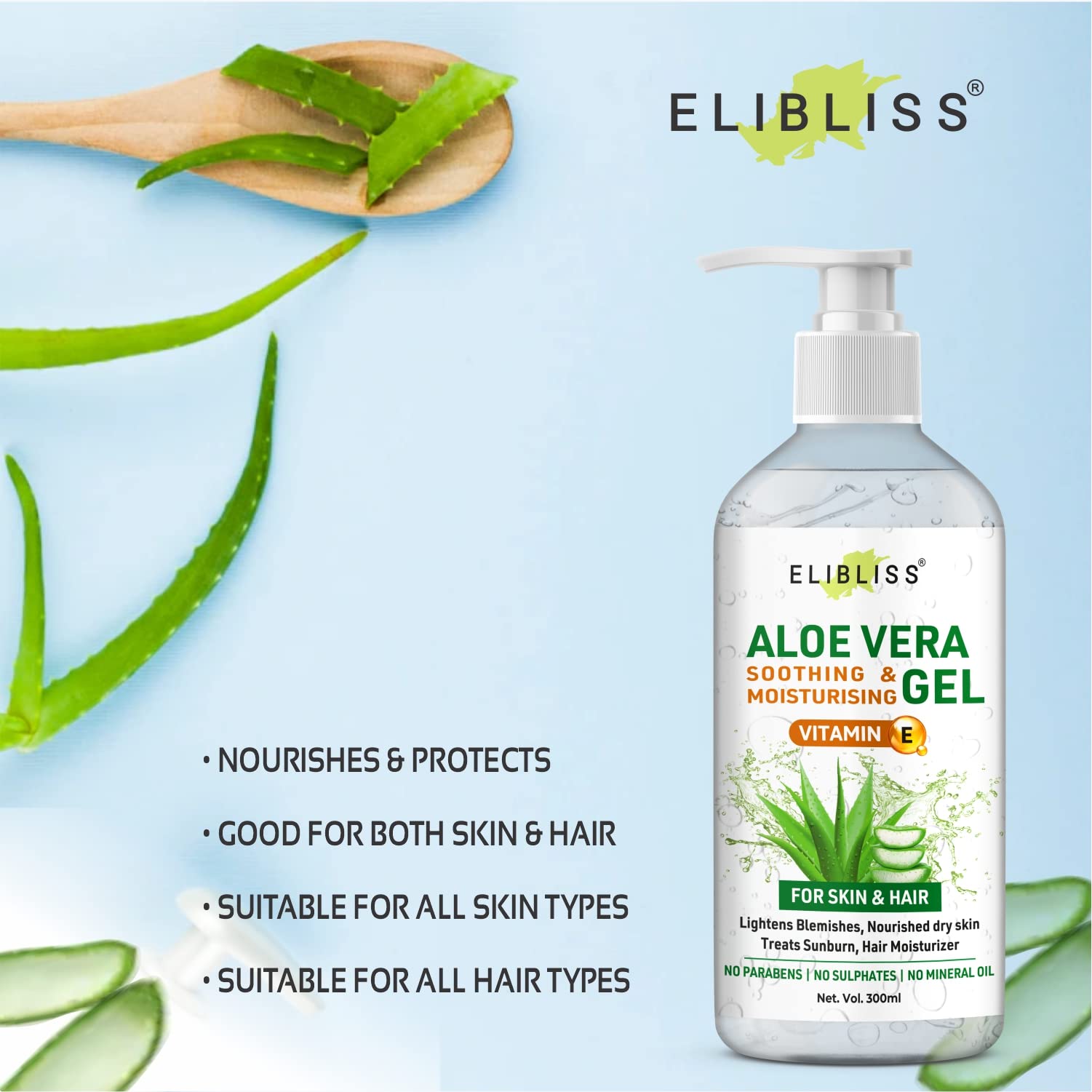 Pure Aloe Vera Gel with Vitamin E for Face & Hair Care - 300ml (Pack of 2) - Hydrating Moisturizer for Sunburn Relief, Dry Skin & Hair Treatment