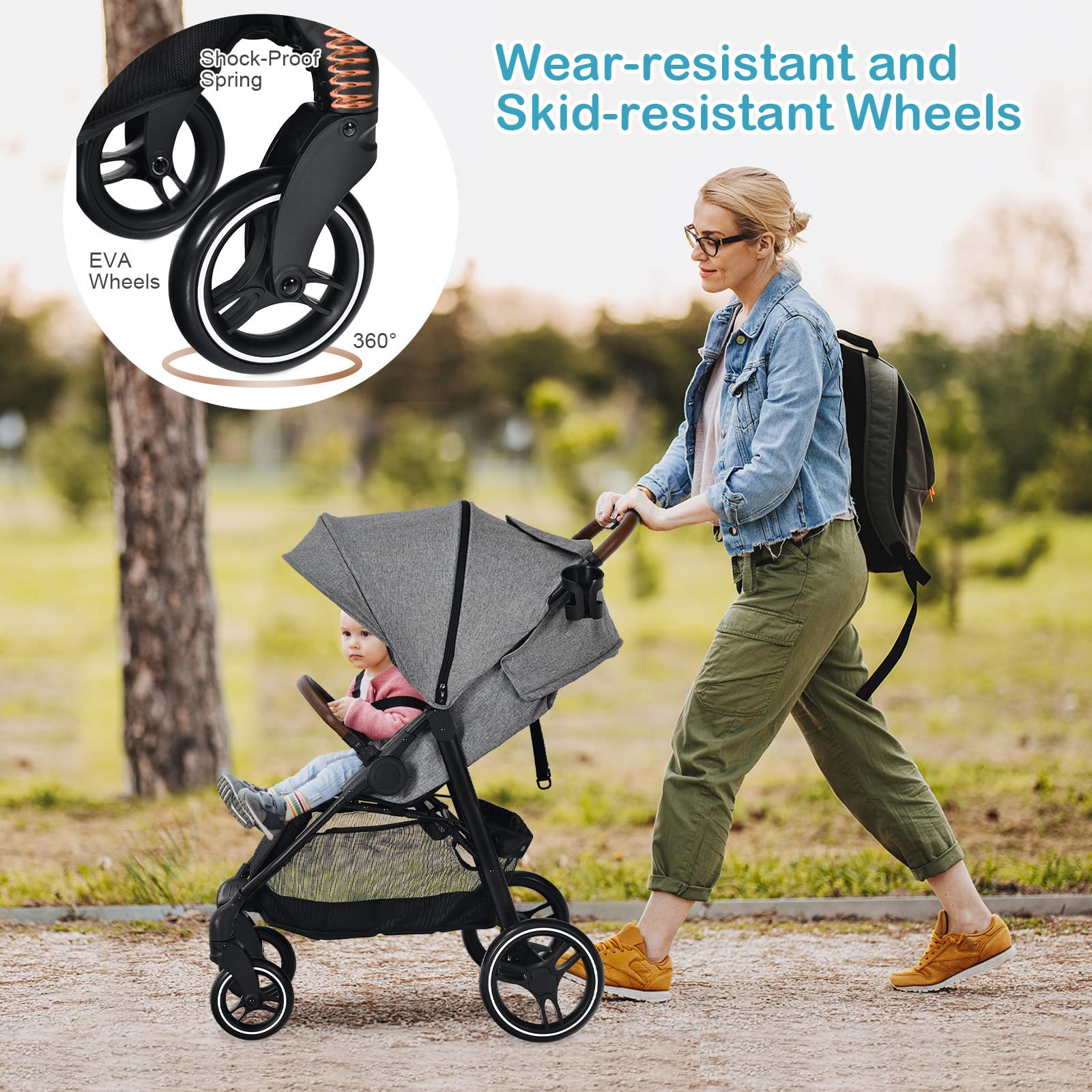 HONEY JOY Baby Stroller - Foldable Lightweight Travel Stroller with Adjustable Canopy & Foot Cover, Suspension Wheels for Smooth Ride, Storage Basket - Newborn to Toddler Pushchair for Boys & Girls (Gray) | Perfect for Shopping, Travel & Daily Walks