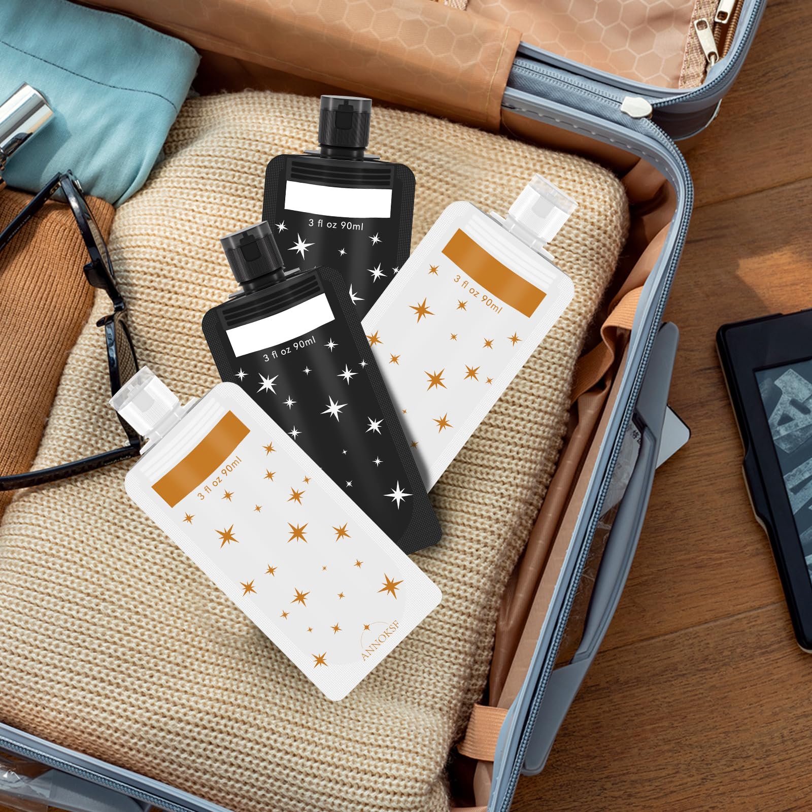 8 Pack Refillable Leak-Proof Travel Pouches for Toiletries - 3oz Squeeze Bottles for Shampoo, Conditioner & Liquids (Star Design) - Perfect for Air Travel, Camping & Gym Essentials