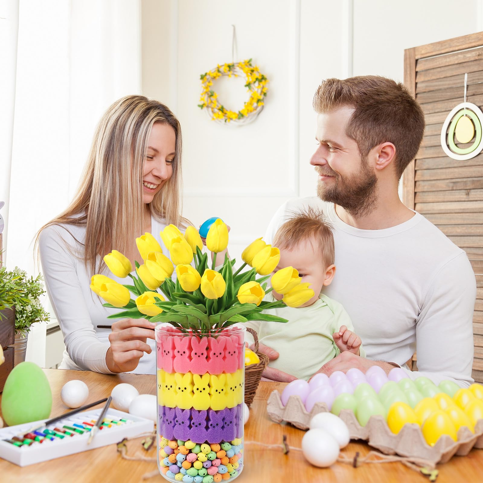 16 Artificial Tulips with 48 Bunnies & Egg Vase Filler Set - Easter Table Decorations, Spring Home Centerpiece for Dining Room, Party, Wedding (Yellow) | Indoor Floral Arrangement & Holiday Decor