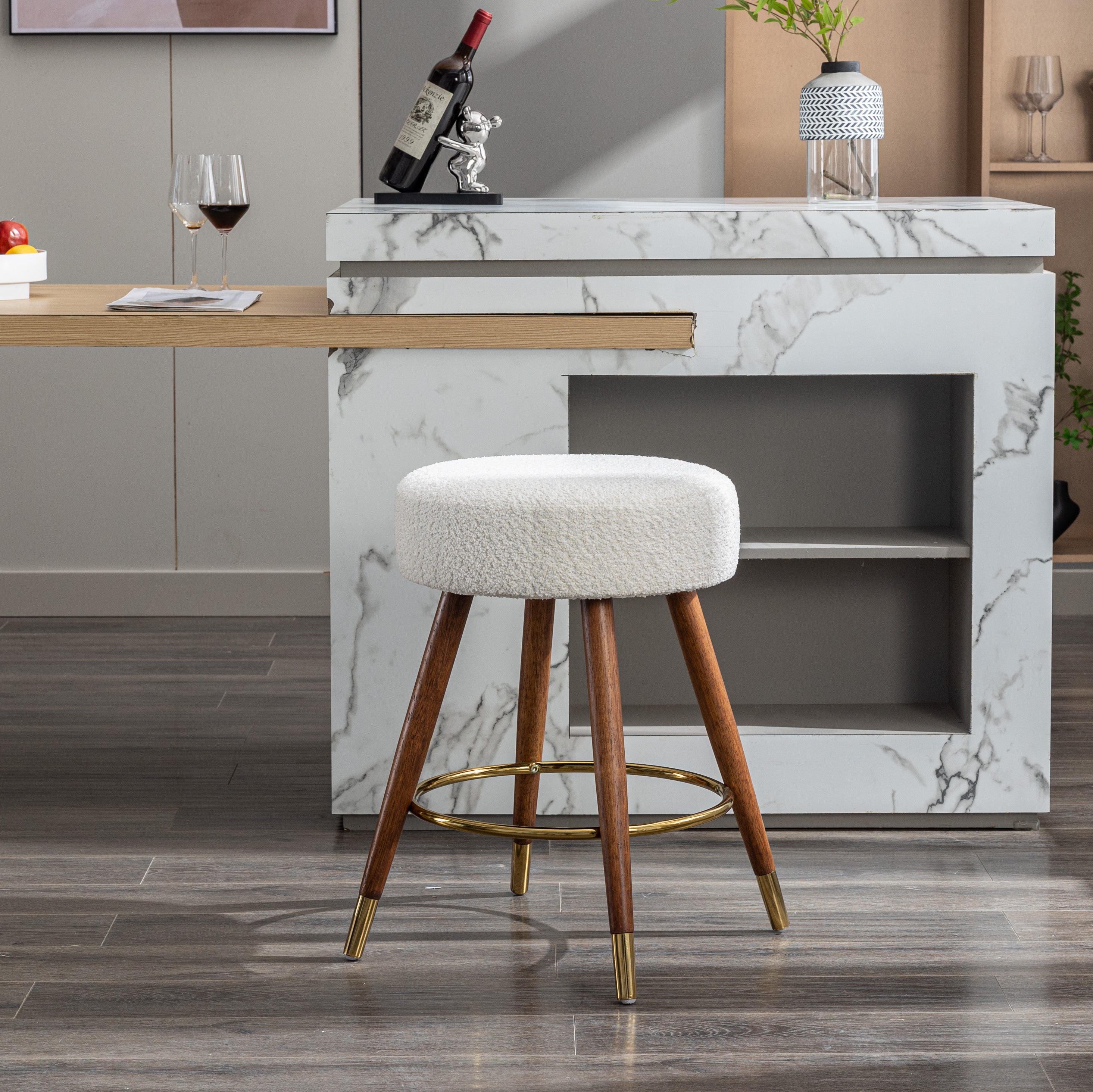 Roundhill Furniture MoMo Boucle Upholstered Swivel Bar Stool - 360° Rotating Counter Height Stool with White Fabric - Perfect for Kitchen Islands, Breakfast Bars & Modern Home Decor