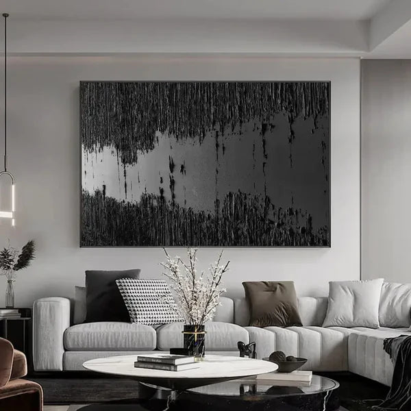 Black Minimalist Textured Painting #MZ014 - Modern Abstract Wall Art for Living Room, Bedroom & Office Decor
