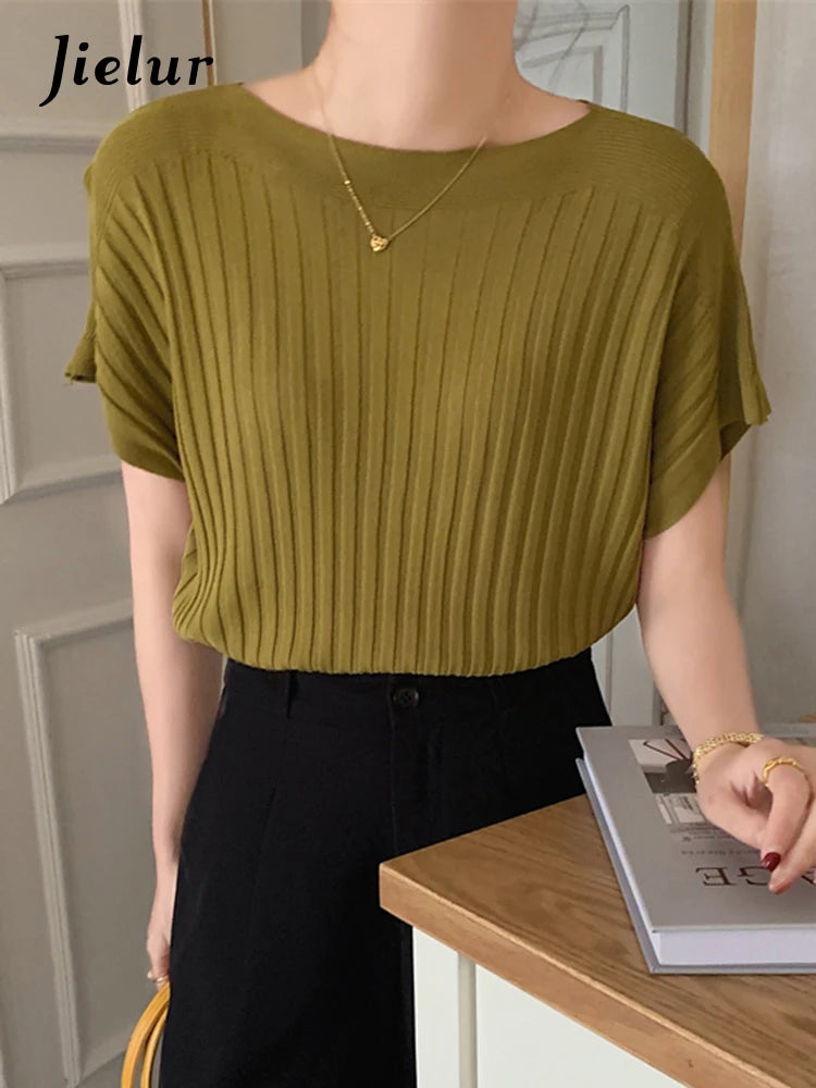 Batwing Sleeve Knitted Women's Blouse - Slash Neck Solid Color Summer Top | Korean Style Fashion Chic Tops for Casual Wear, Office & Date Night Outfits
