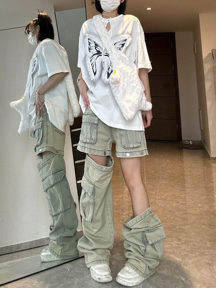 Vintage High Waisted Cargo Jeans for Women - Multi Pocket Detachable Button Goth Wide Leg Denim Pants | Streetwear, Casual Outfits & Retro Fashion