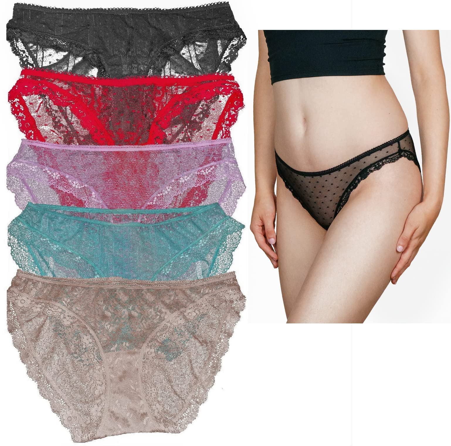 Sexy Women's Lace Bikini Underwear - Soft Stretchy Comfortable Panties 3-Pack Multi Colors for Beach Vacation & Romantic Date Nights