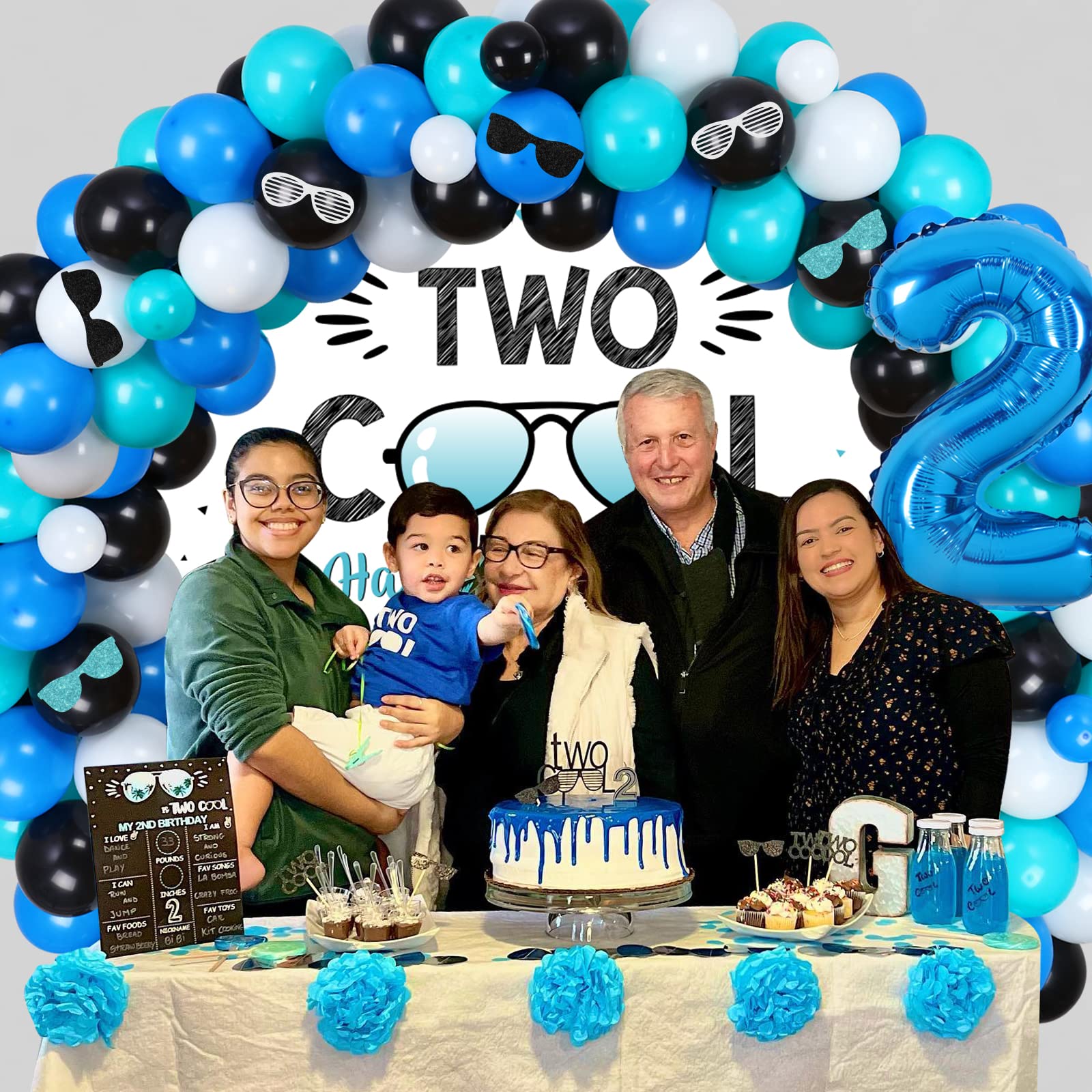 Two Cool 2nd Birthday Party Decorations for Boys - Balloon Garland Kit, Sunglasses Theme Backdrop & Number 2 Foil Balloons | Perfect for Toddler Birthday Celebrations, Photo Booth Backdrops and Themed Party Decor