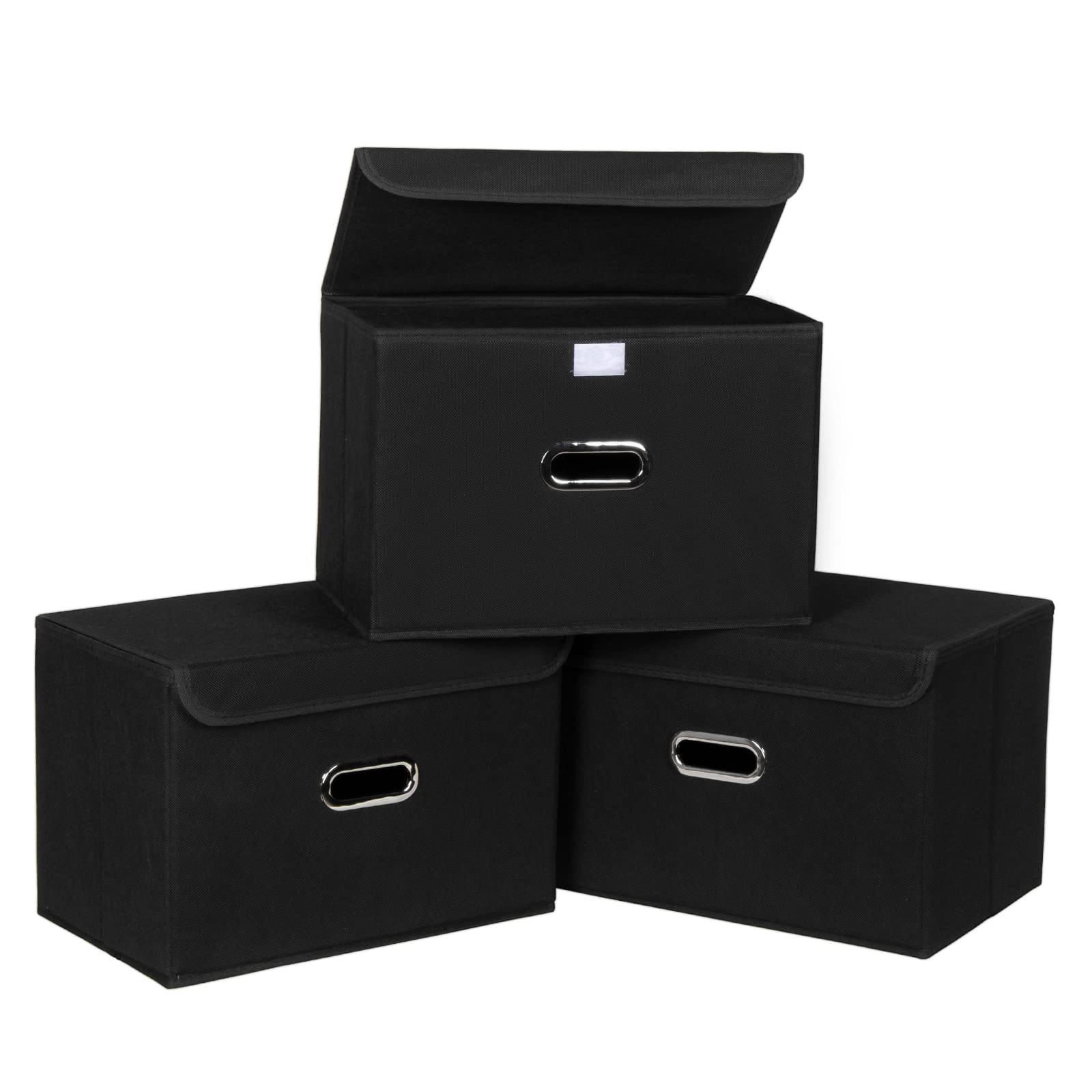 SEVENDOME Foldable Fabric Storage Bins with Lids & Handles - Collapsible Closet Organizer Baskets, Removable Divider for Home, Bedroom, Office (Set of 3, Black) - Perfect for Toy Storage, Laundry Organization & Seasonal Decor