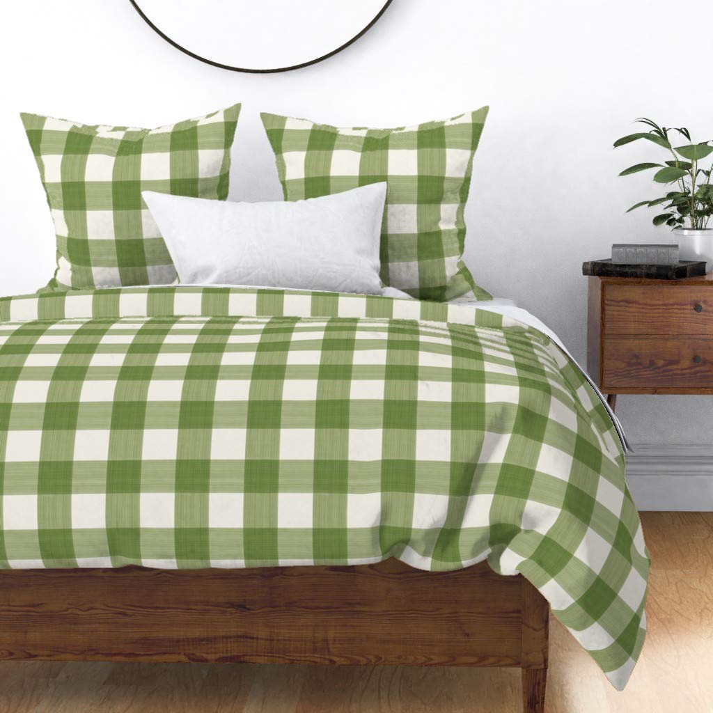Custom Olive Cream Buffalo Plaid Cotton Sateen Duvet Cover Twin - Green Country Gingham Stripe Check Print Bedding Set for Farmhouse, Rustic & Cozy Bedroom Decor
