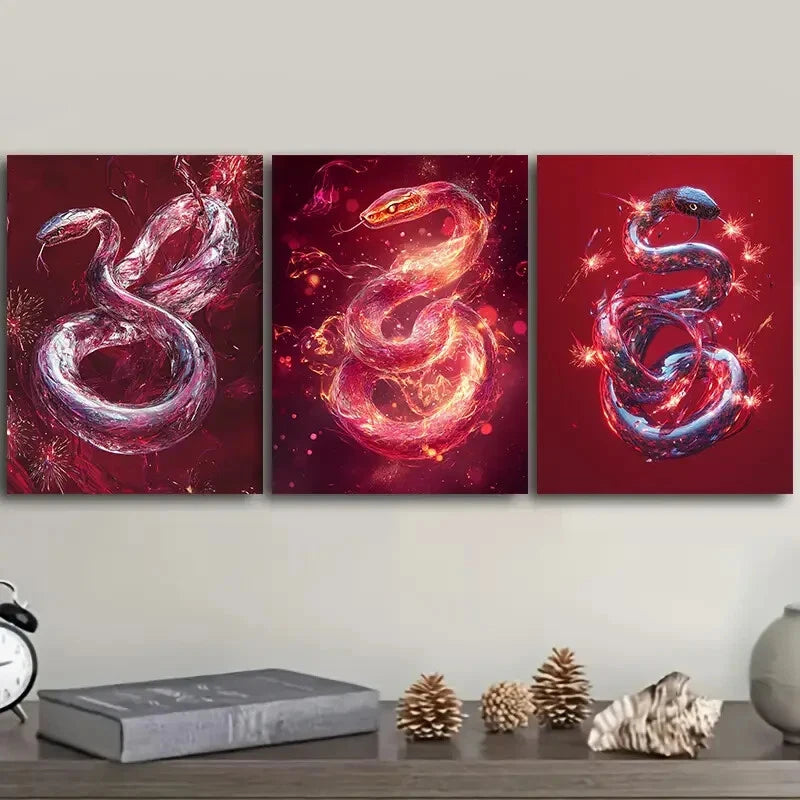3-Piece Red Crystal Snake Wall Art Set - Framed Canvas 40x60cm - High Quality Print - 100% Australian Made - Ready to Hang - Perfect for Living Room, Bedroom, or Office Decor