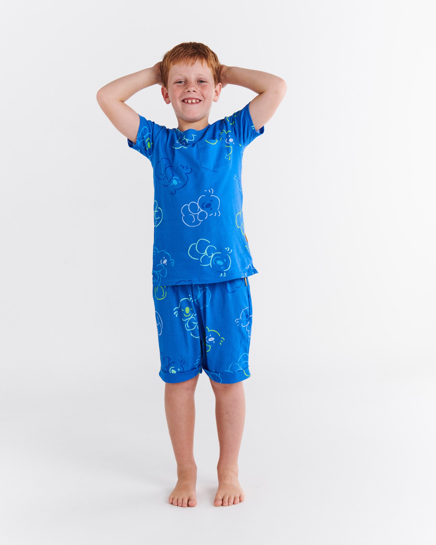 Kip&Co x Ken Done Koala Cuddles Blue Organic Cotton Short Sleeve Tee & Short Pajama Set - Soft & Comfortable Sleepwear for Women, Perfect for Lounging, Travel & Cozy Nights