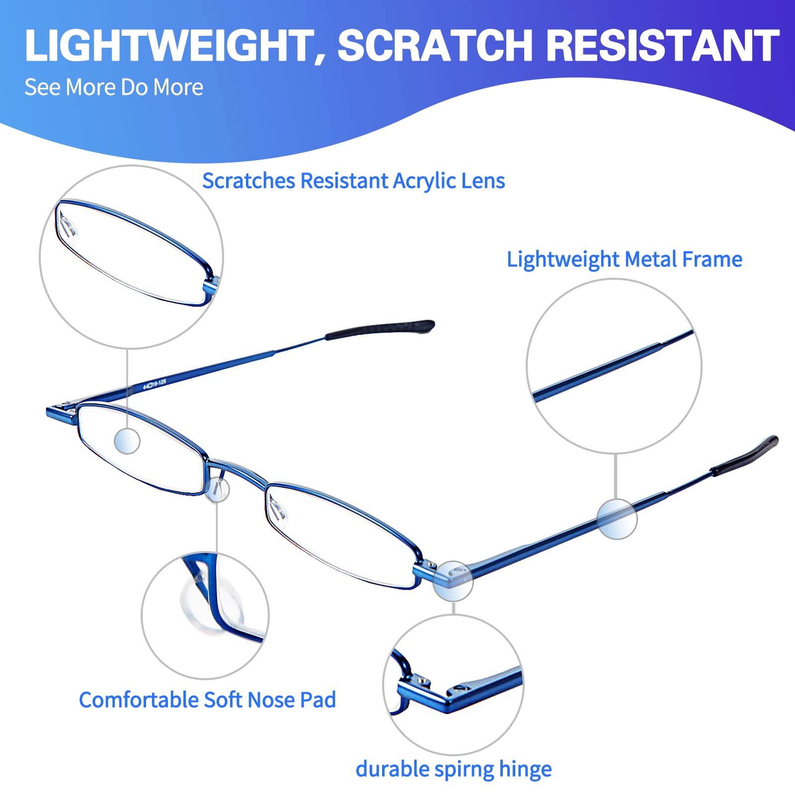I-Mag Mini Slim Metal Spring Hinge Reading Glasses with Slide Open Hard Case - Blue +1.50 Magnification for Men & Women - Lightweight Eyewear for Reading, Office Work & Travel