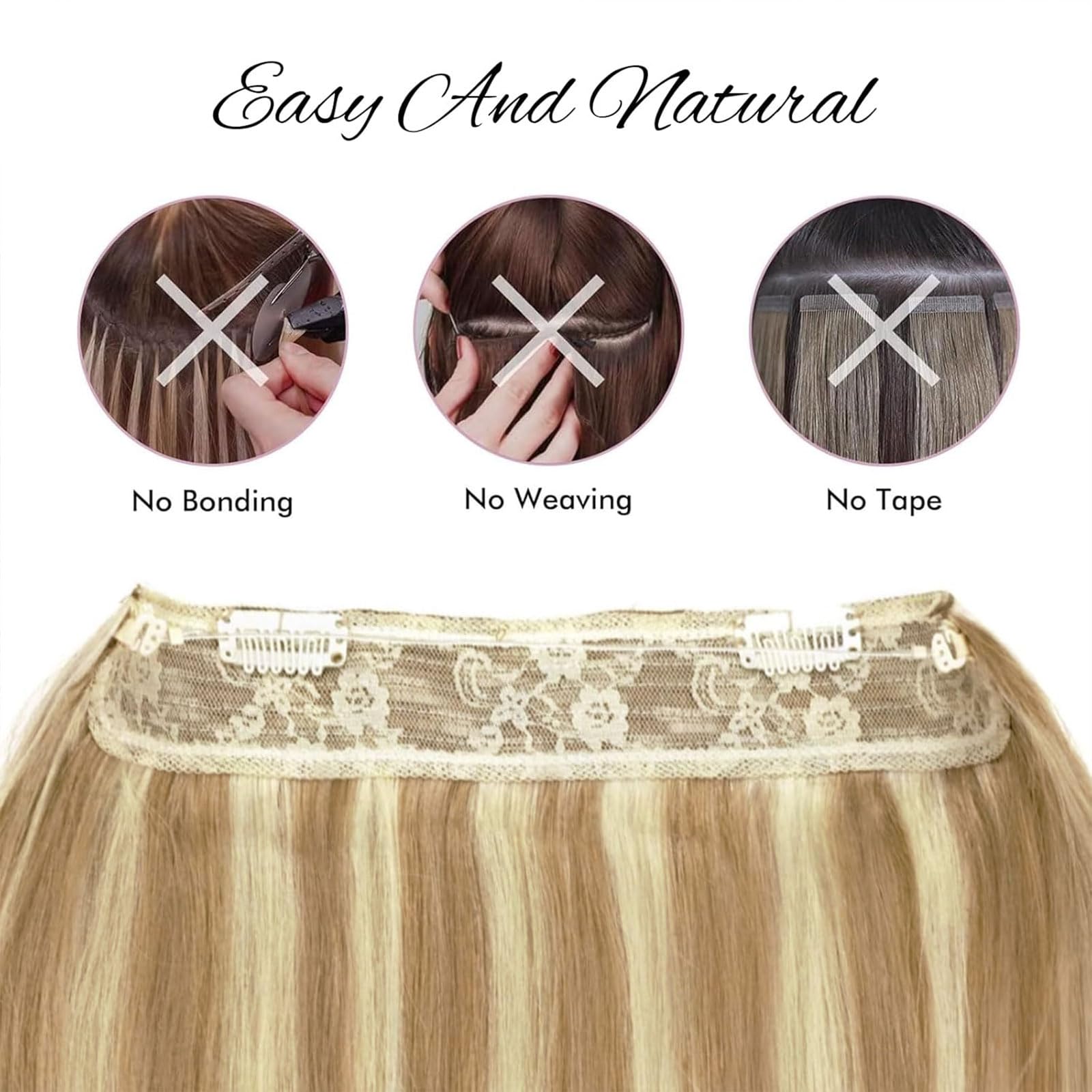 RECOOL 20 Inch Real Human Hair Extensions - Balayage Light Blonde to Bleach Blonde Remy Hair with Invisible Wire, Straight Clip-in Extensions for Daily Wear & Special Occasions