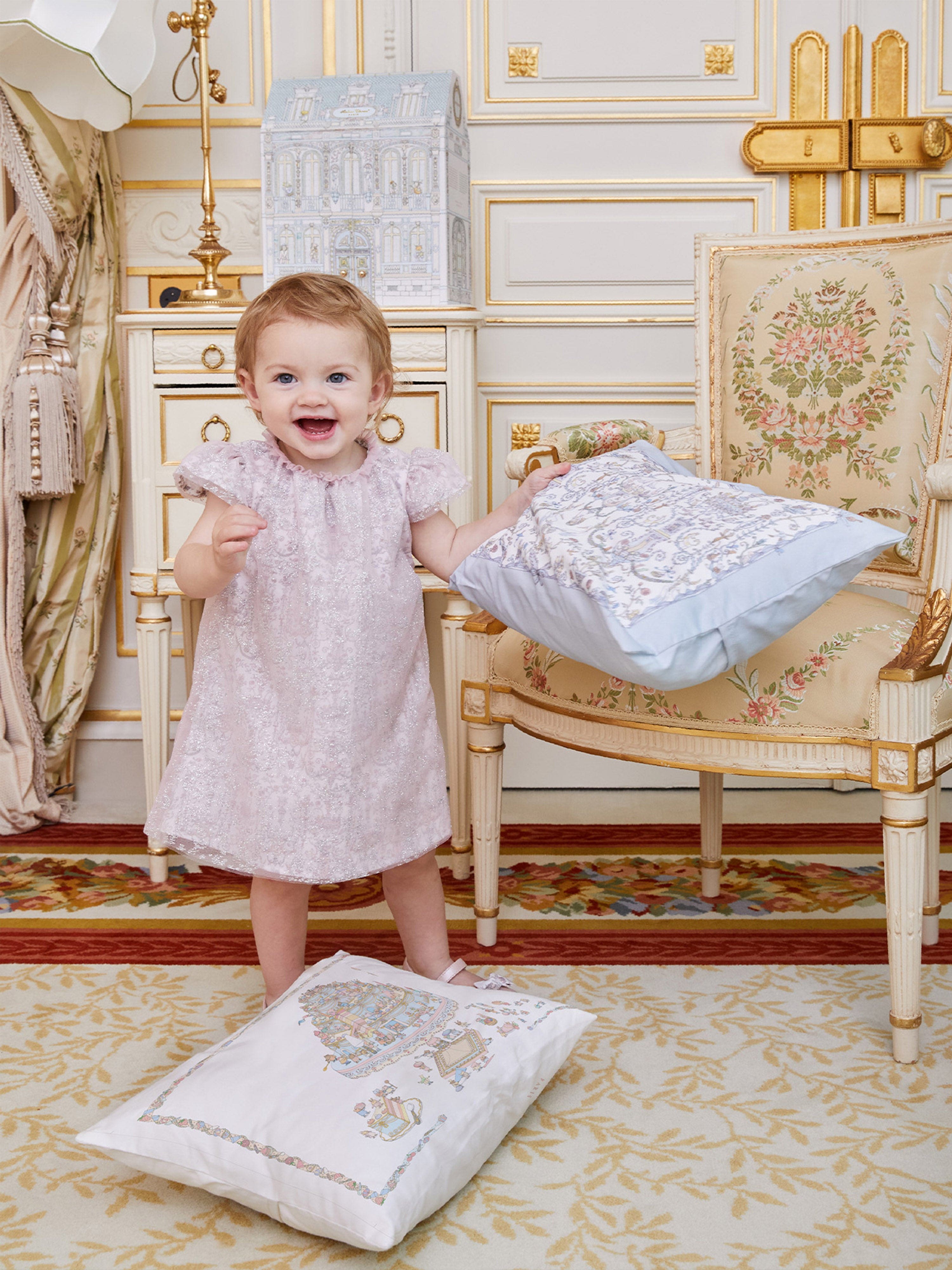 Atelier Choux & Caitlin Wilson Baby Satin Toile De Jouy Cushion Cover - Blue (40x30 cm) | Luxury Nursery Decor, Baby Shower Gift, French Chic Home Accessory