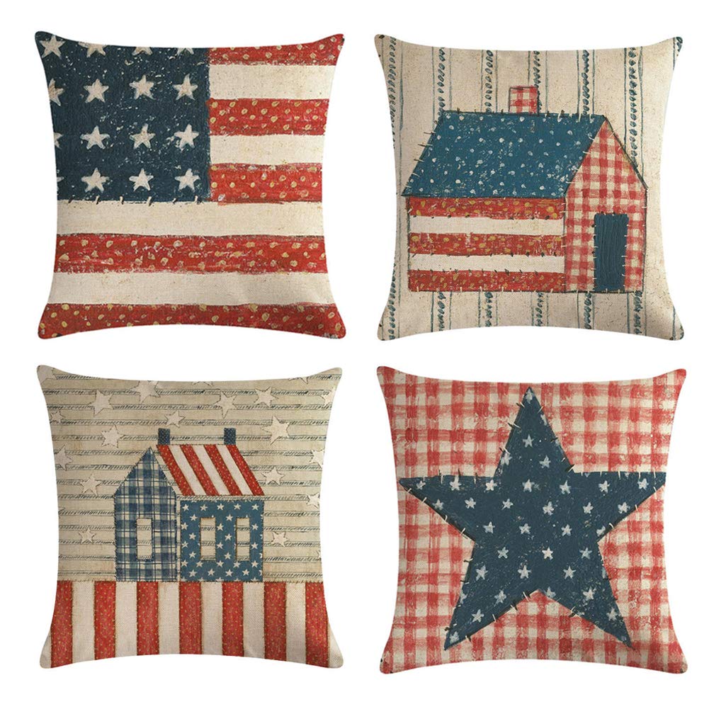 USA Patriotic American Flag Pillow Covers - Set of 4 (18x18 Inch) Cotton Linen Throw Pillow Cases for 4th of July, Independence Day & Home Decor - Perfect for Sofa, Bedroom & Outdoor Celebrations