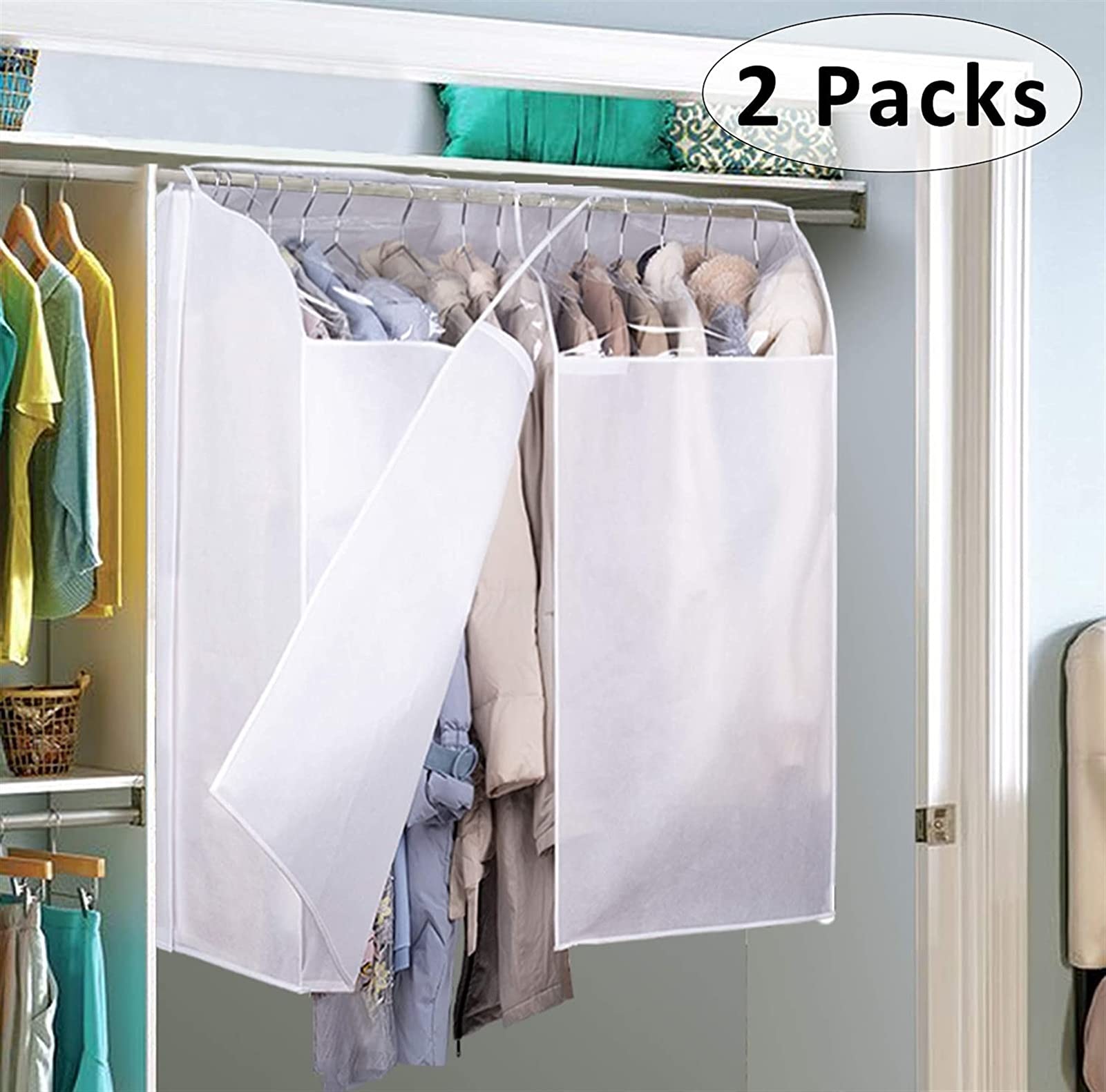 2 Pack Adjustable Hanging Garment Dust Covers with Clear View Window - Breathable Clothes Protector for Wardrobe, Closet Storage & Travel Use - Perfect for Dresses, Suits & Seasonal Clothing Protection