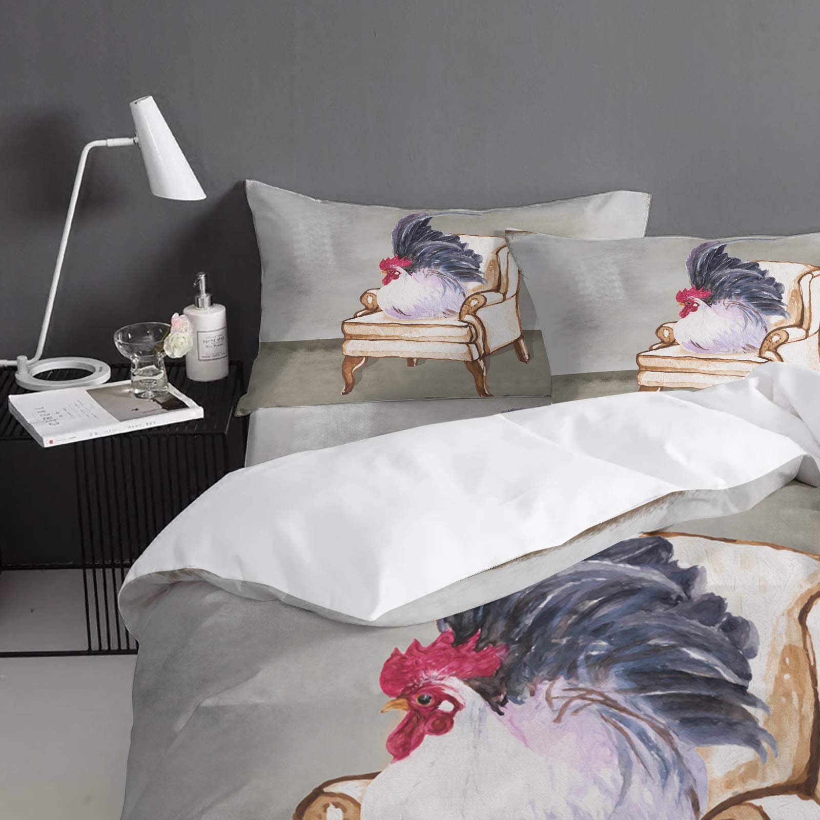4-Piece Lightweight Microfiber Duvet Cover Set with Chicken Print - Soft Full Comforter Cover for Adults & Teens - Retro Style Bedding for Cozy Bedroom Decor - Perfect for Home, Dorm, and Guest Room Use