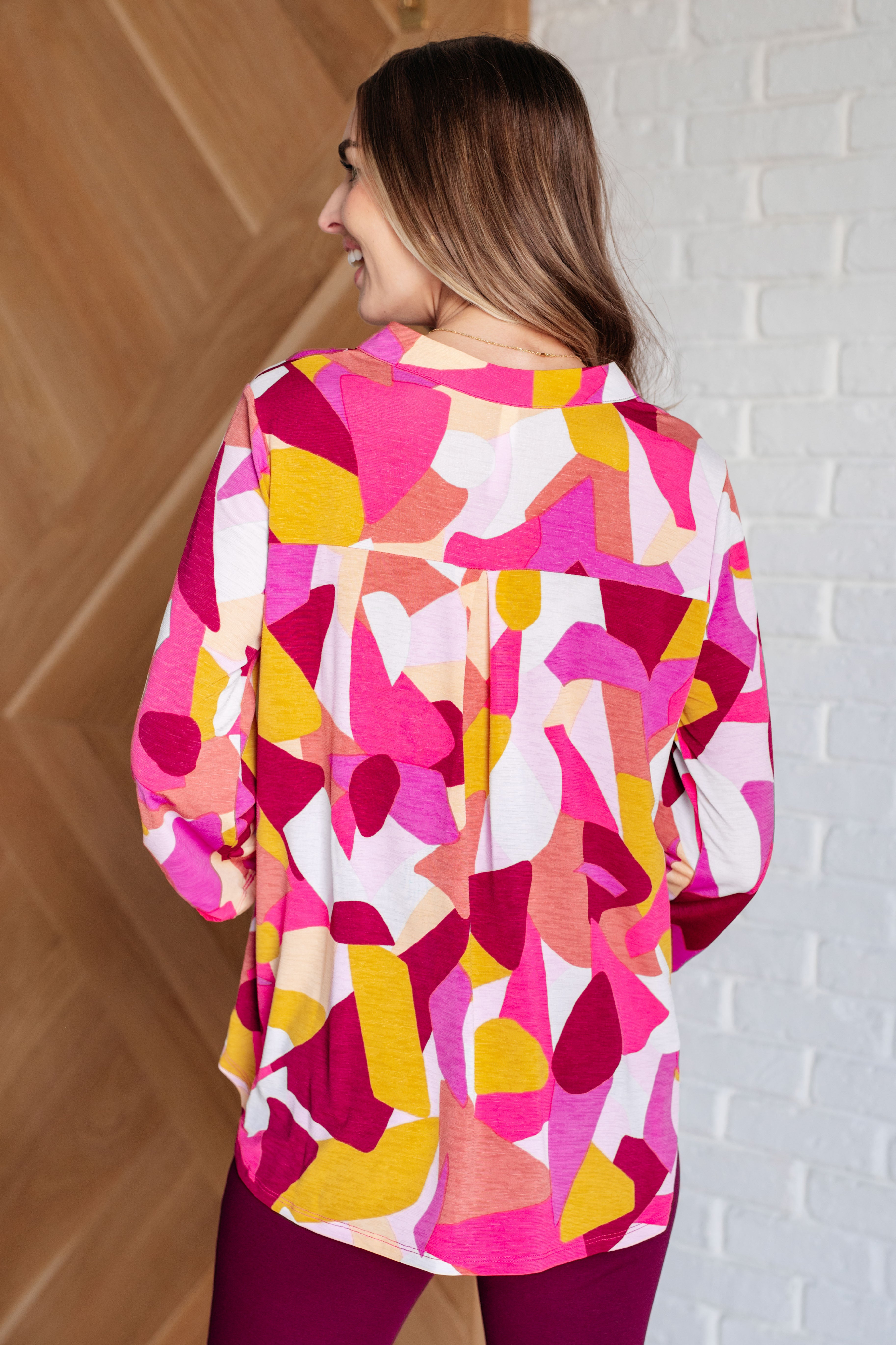 Lizzy Top - Women's Fashion Blouse in Magenta & Mustard Abstract Print | Trendy Casual Shirt for Date Night, Office Wear & Summer Outfits