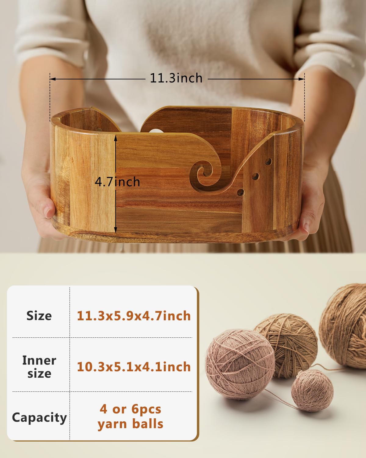 Premium Acacia Wood Yarn Bowl for Crocheting & Knitting - Large 11.3x5.9x4.7 Inch Oval Yarn Holder with 9pc Knitting Hook Set - Perfect for Yarn Storage & Craft Organization - Ideal for Home, Studio & Gift Giving