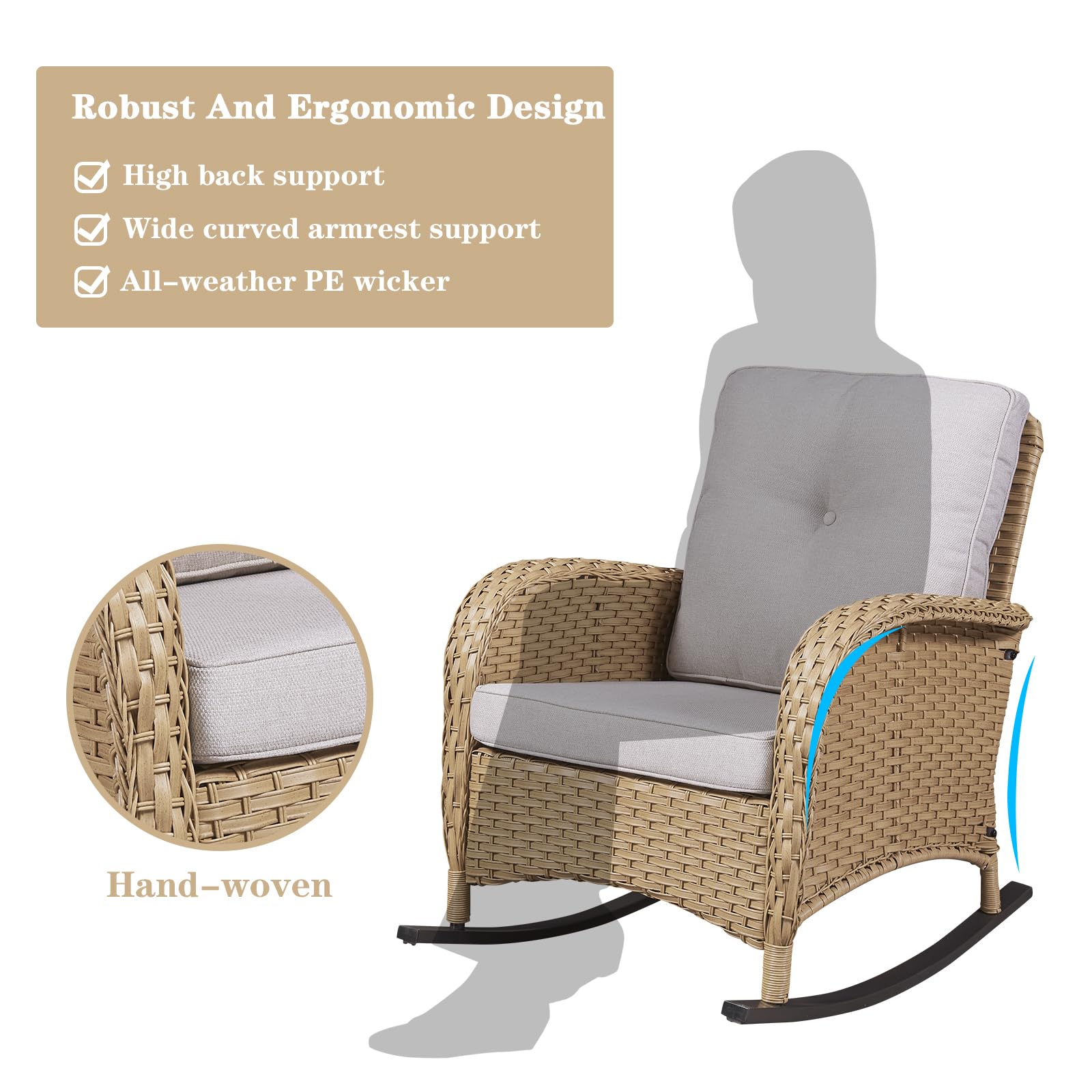 2-Piece Wicker Rocking Chair Set for Porch & Patio - Outdoor Rocking Chairs with Cushions & Side Table - Perfect for Relaxing on Your Deck, Garden or Backyard