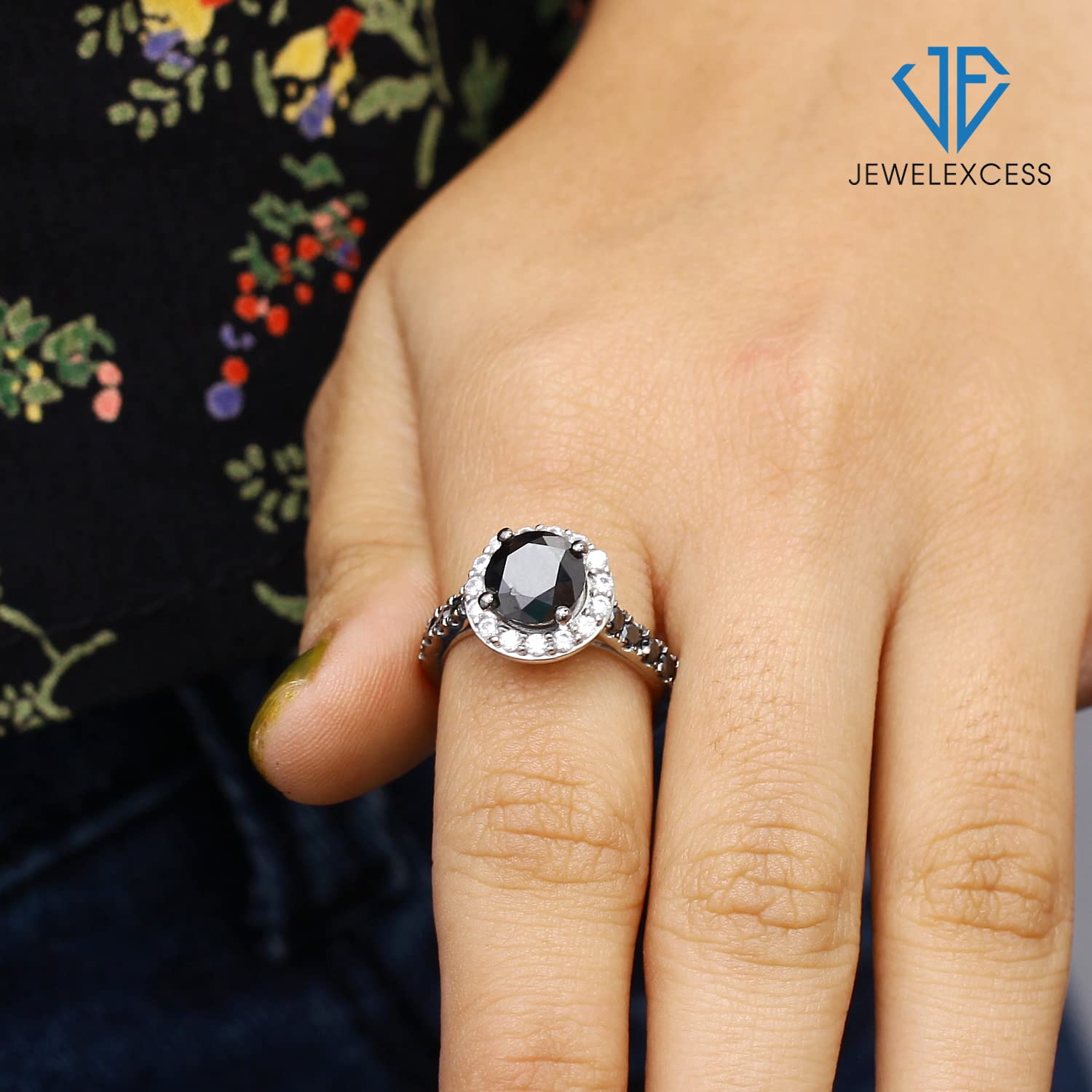 JEWELEXCESS 2.00CTW Black & White Diamond Halo Ring for Women - Sterling Silver Wedding Band, Anniversary & Birthday Gift - Elegant Jewelry for Parties, Date Nights & Special Occasions