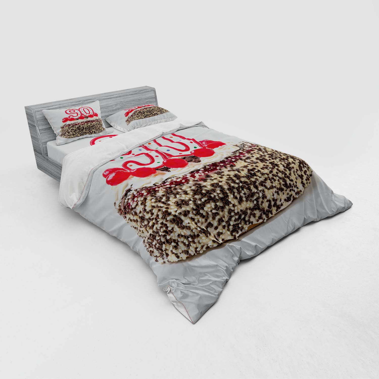 Ambesonne 90th Birthday Bedding Set - Queen Size 4-Piece Duvet Cover with Shams & Fitted Sheet - Birthday Cake with Cherries & Candles Design in Red, Brown & White - Perfect for Milestone Celebrations & Guest Room Decor