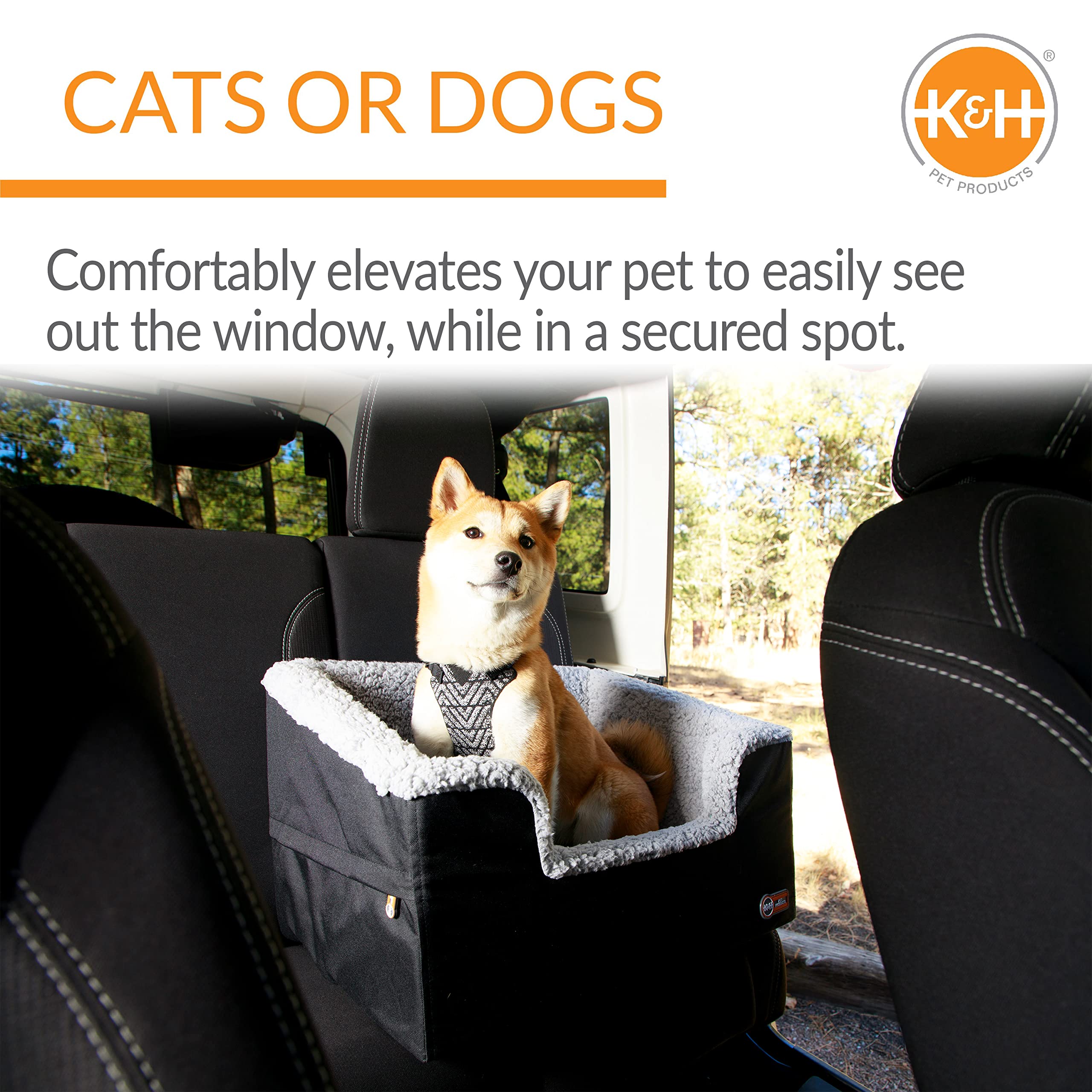 K&H Pet Products Large Bucket Booster Pet Seat - Rectangular Foldable Dog Car Seat for Travel, Black/Gray - Perfect for Road Trips & Safe Car Rides with Your Pet