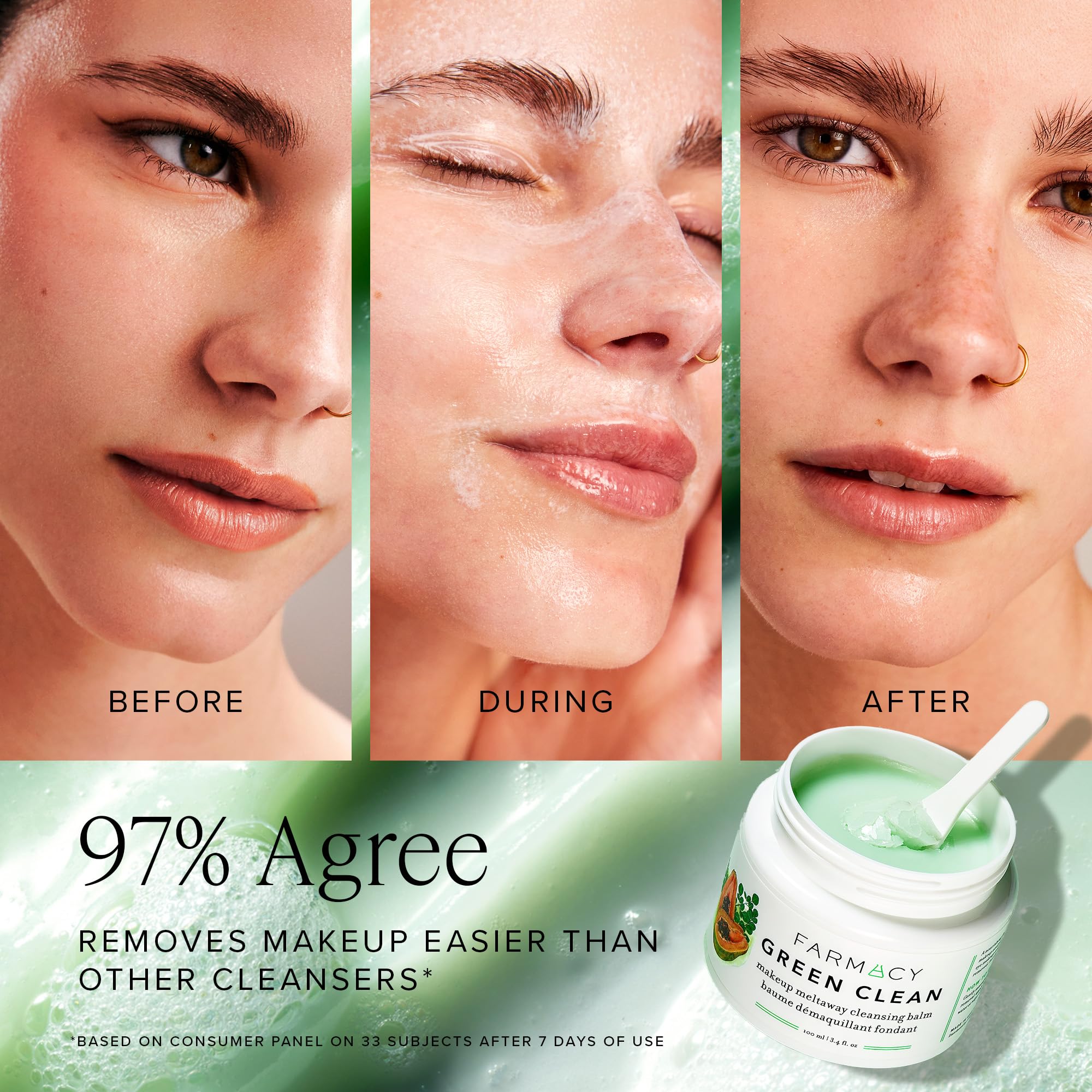 Farmacy Green Clean Makeup Remover Cleansing Balm - Waterproof & Oil-Based Facial Cleanser with Gentle Exfoliation - Transforms from Balm to Milky Lather (12ml) - Perfect for Removing Stubborn Makeup & Sunscreen After Gym or Beach Days
