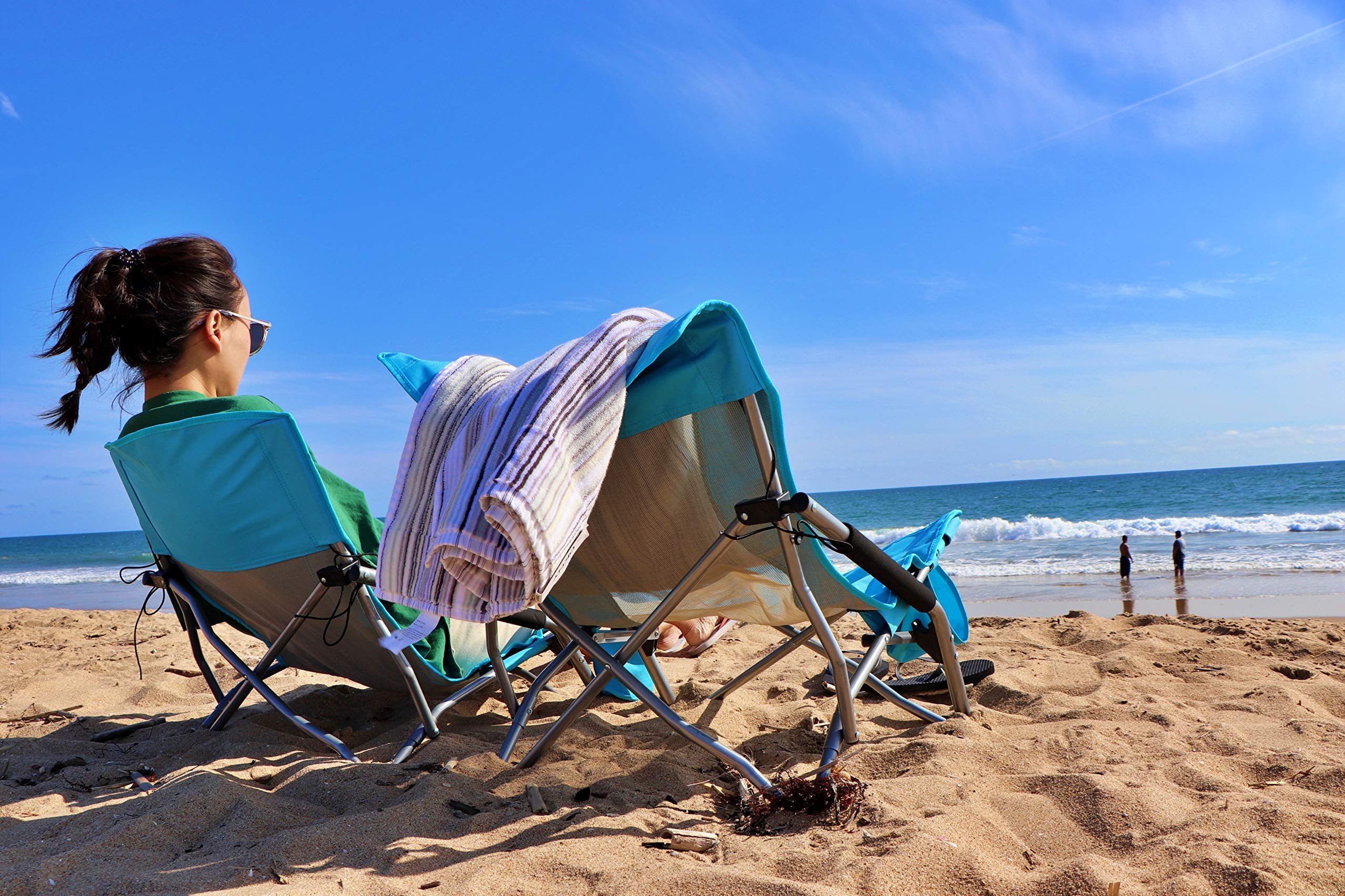 2 Pack Blue Folding Beach Chairs with Cooler + 1 Pack Portable Folding Table - Lightweight Outdoor Furniture for Beach, Camping, Picnics & Backyard Relaxation