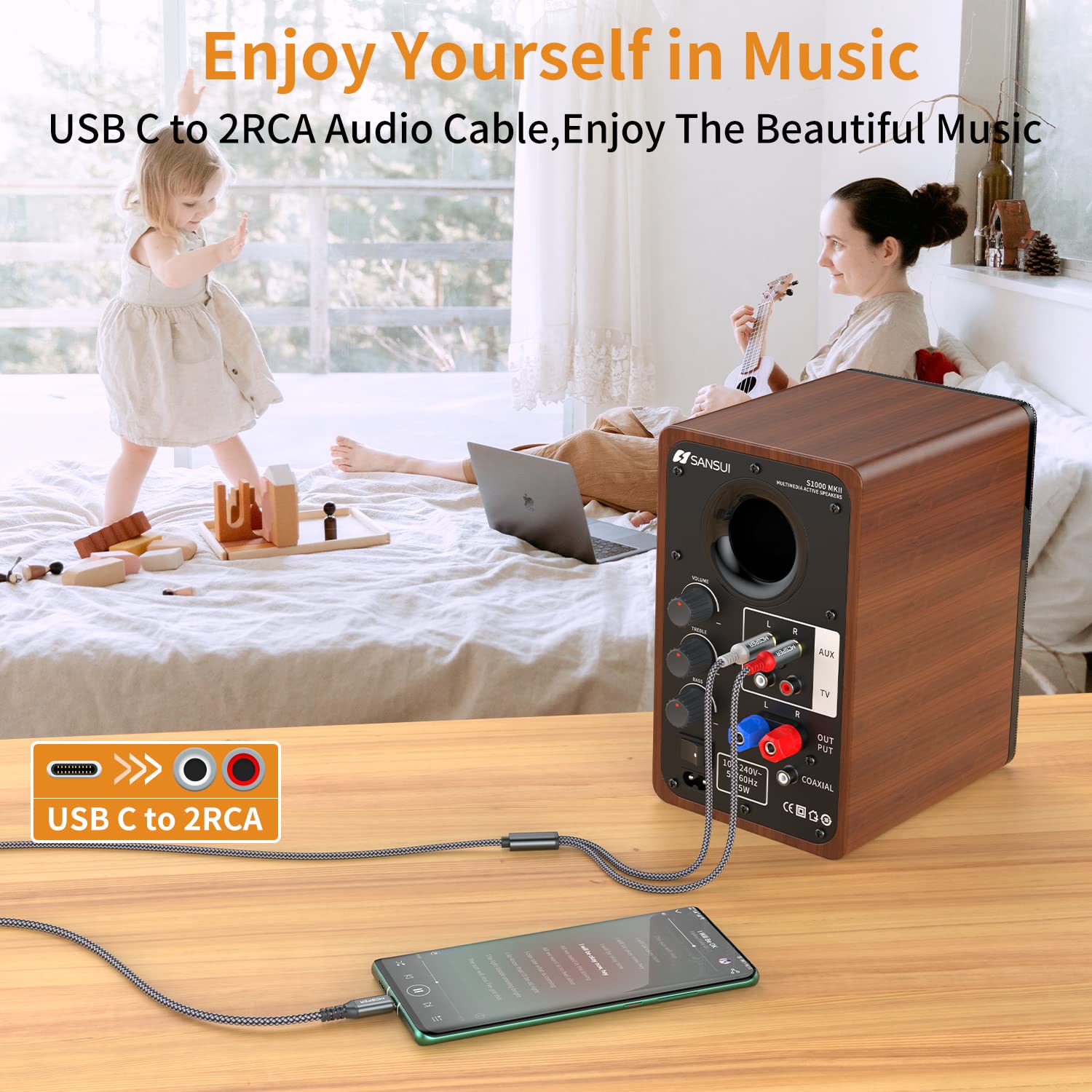 USB C to 2 RCA Audio Cable, 6.6 Ft Type-C to RCA Male to Male Y Splitter - Compatible with Samsung Galaxy S23/S22/S21, Phone, Tablet, Home Theater, DVD, Amplifier, Speaker & Car Stereo - Perfect for Home Audio Setup & Mobile Music Streaming