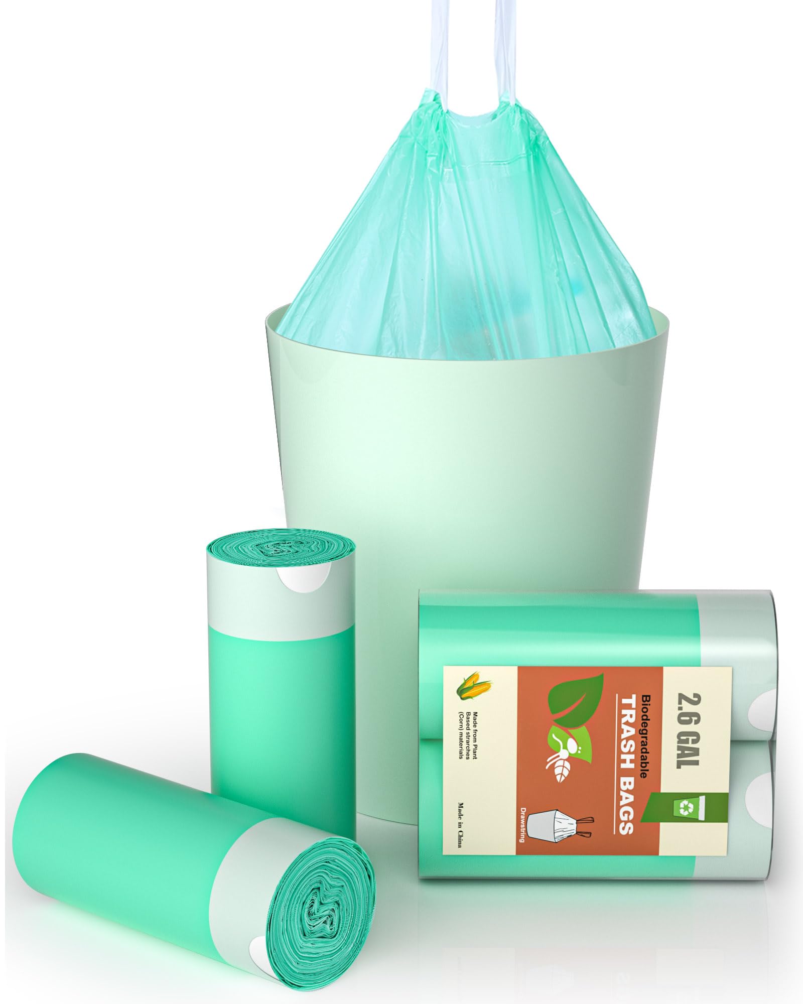 AYOTEE 2 Gallon Small Trash Bags with Drawstring - 50 Count Compostable Garbage Bags for Bathroom, Office, Pet Waste - Eco-Friendly Waste Basket Liners (Green) | Perfect for Small Bins, Kitchen Countertops & Diaper Disposal