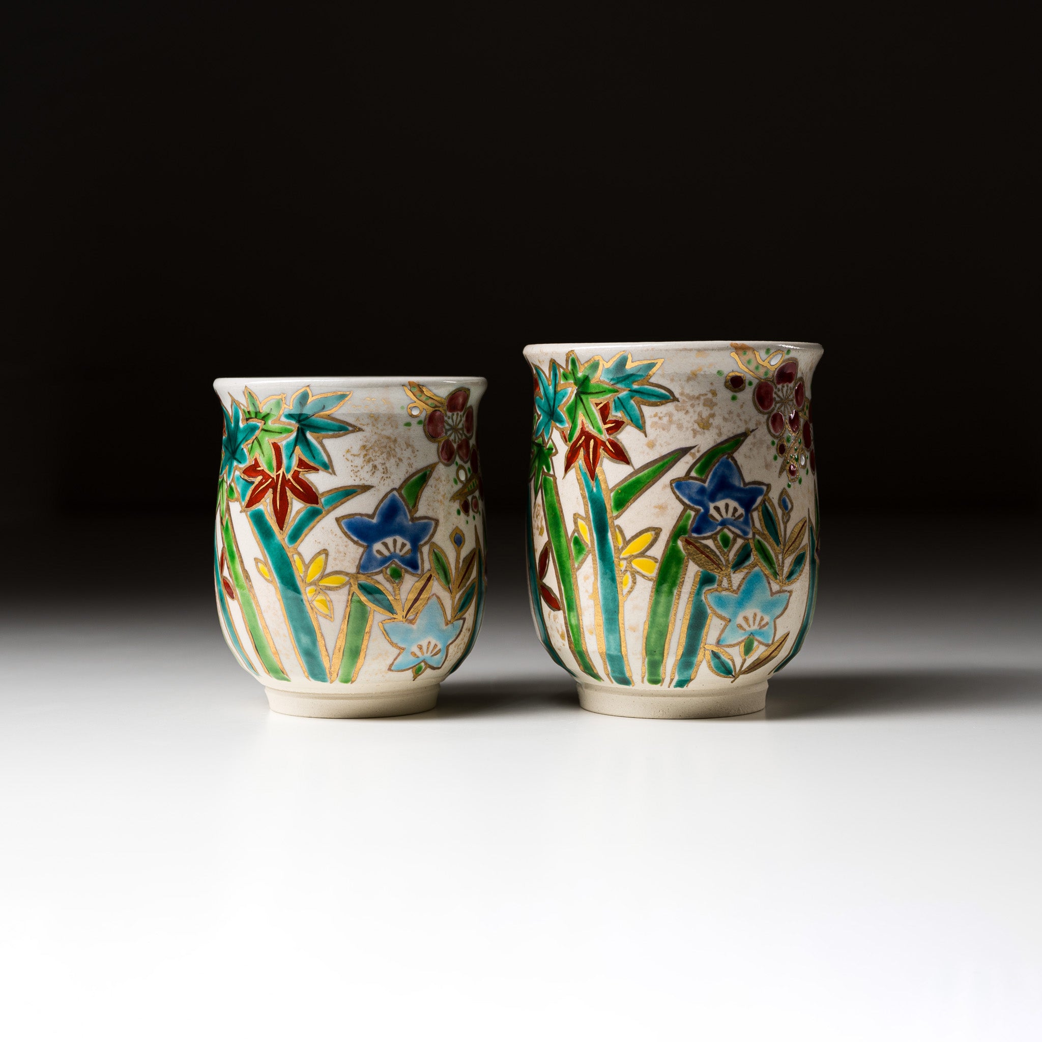 Handmade Kyoto Kiyomizu Ware Kinsai Flower Pair Cups - Authentic Japanese Ceramic Tea Cups for Matcha, Sencha & Traditional Tea Ceremonies