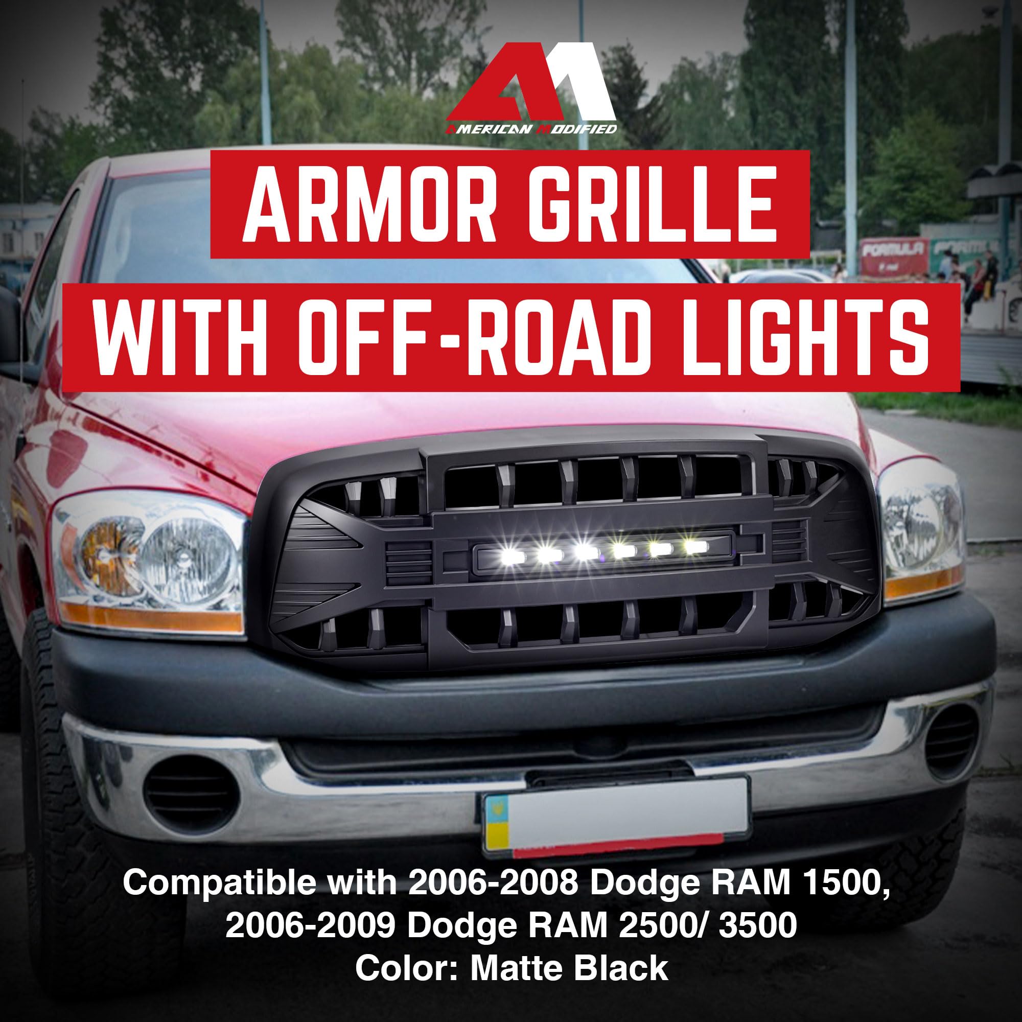 AMERICAN MODIFIED Armor Grille with LED Off-Road Lights for 2006-2008 Dodge Ram 1500 & 2006-2009 Ram 2500/3500 - Matte Black Truck Grille | Heavy Duty Protection & Style for Off-Roading, Truck Shows & Daily Driving