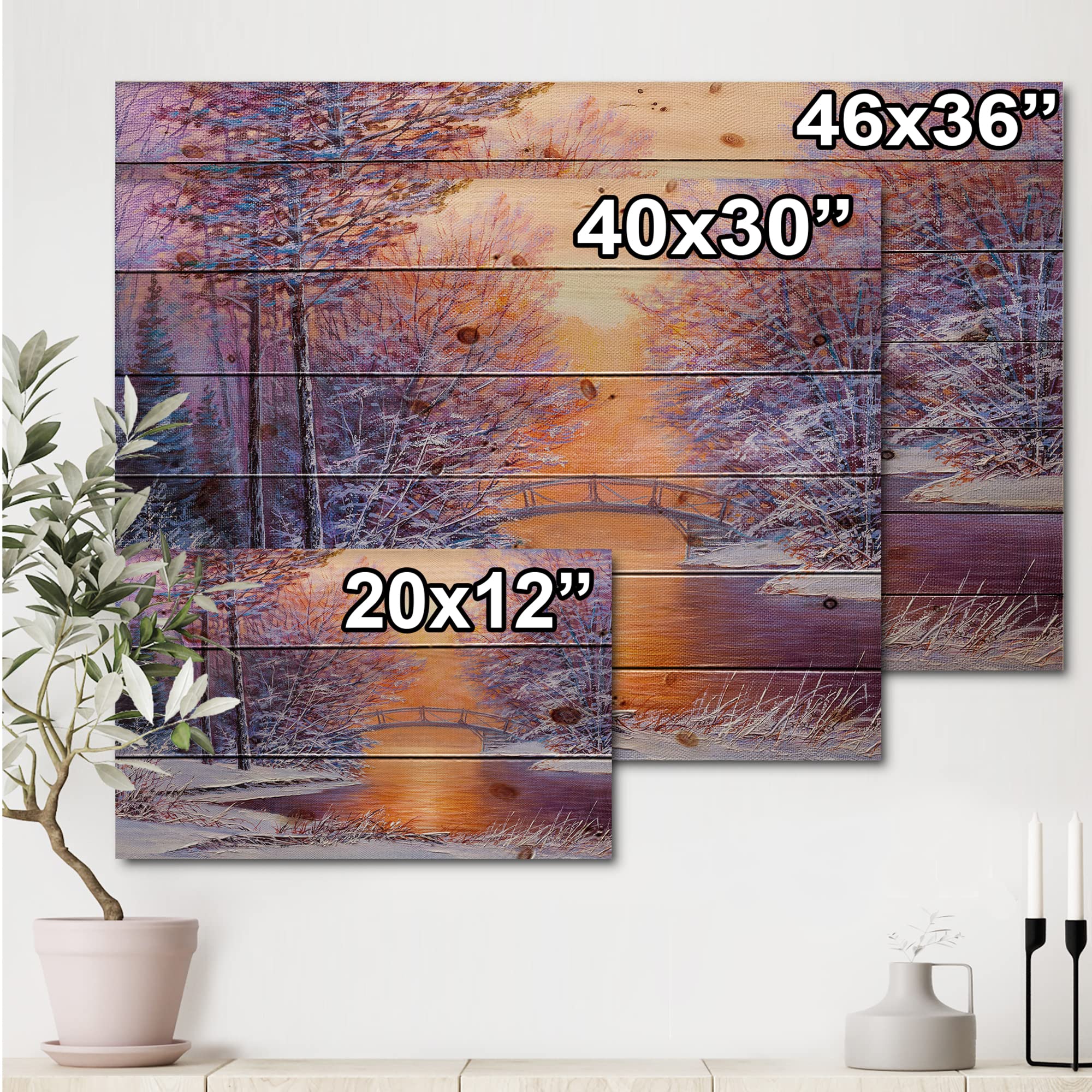 DesignQ Winter River Bridge Landscape Wood Wall Art - Traditional White Wooden Wall Decor, Large Pine Wood Panel Print for Living Room, Bedroom & Office