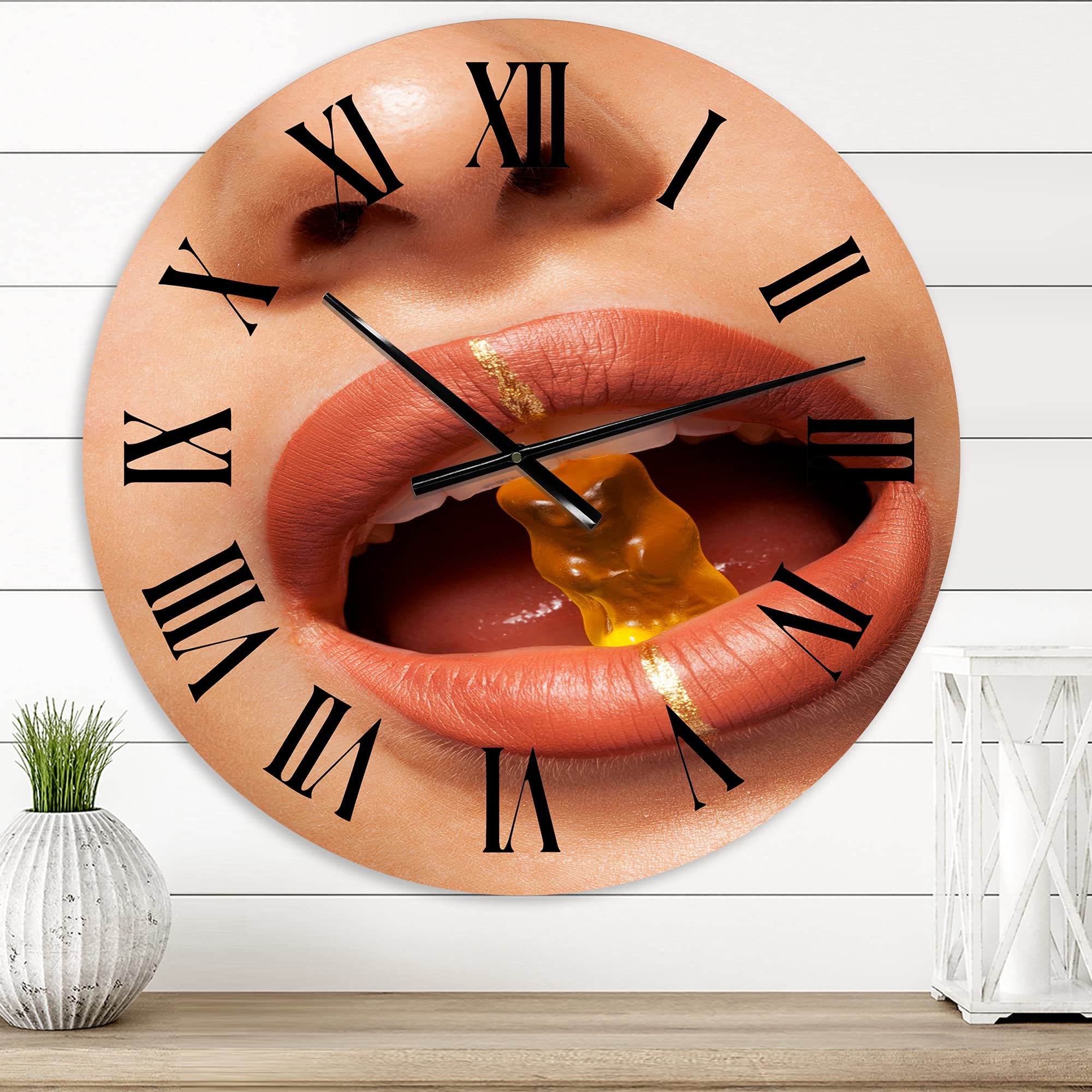 Modern Large Wall Clock - Close Up View of Woman Lips Biting Gummy Bear - Unique Home Decor for Living Room, Bedroom & Office - Silent Non-Ticking Clock for Stylish Interior Design