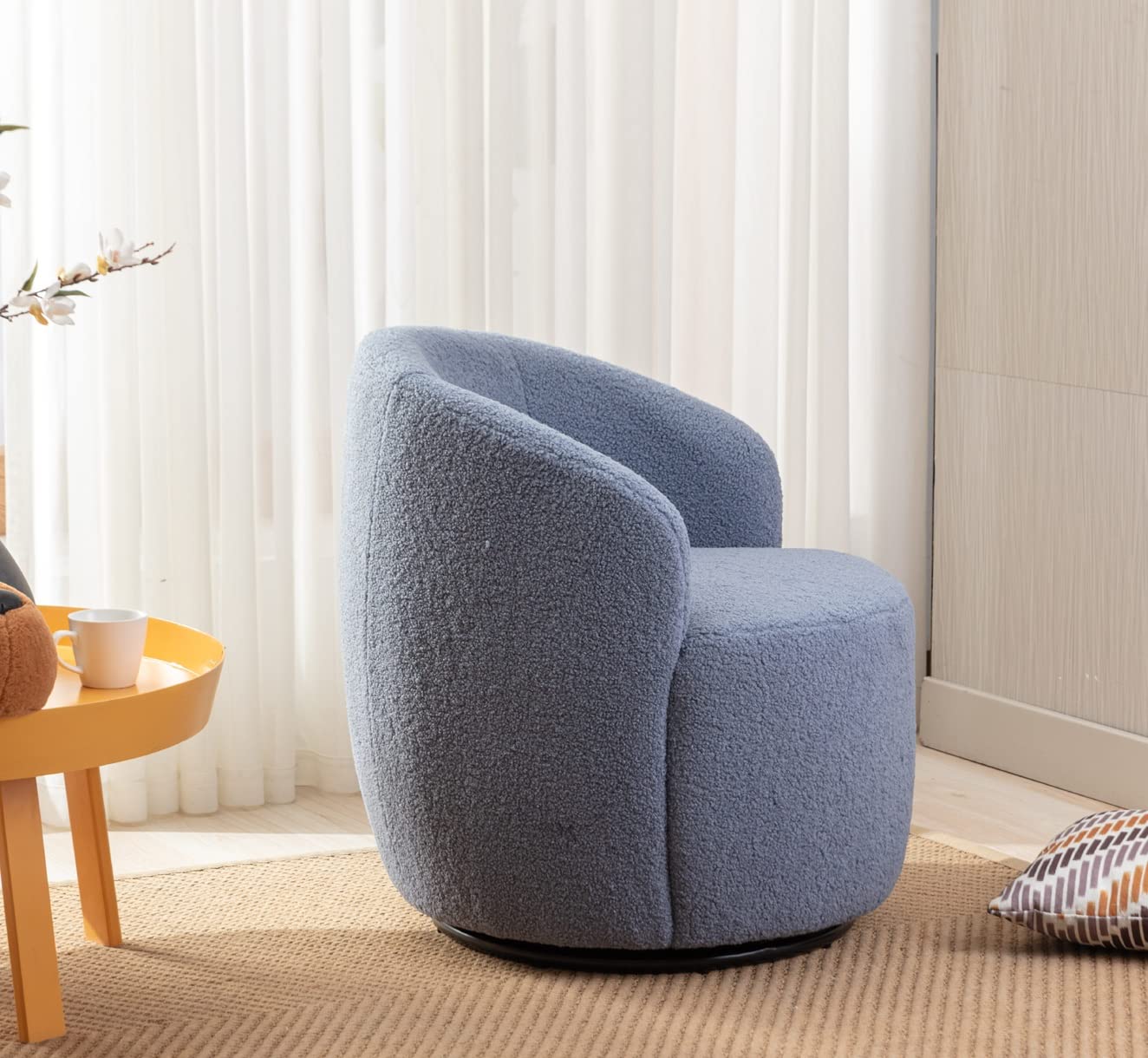 Teddy Boucle Swivel Accent Chair - 360° Rotating Round Barrel Armchair with Upholstered Seat for Living Room, Bedroom & Office - Cozy Reading Chair in Light Blue for Relaxing, Lounging & Home Decor