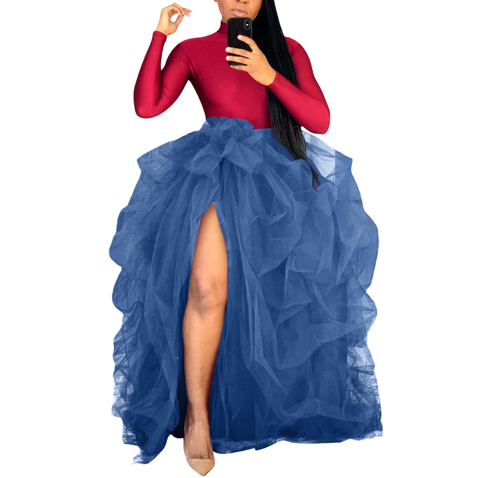 Elegant Women's High Waisted Peplum Tulle Maxi Skirt for Wedding Guest & Special Occasions | Summer & Fall Fashion | Flowy Mesh Party Skirt for Dinners, Dances & Formal Events