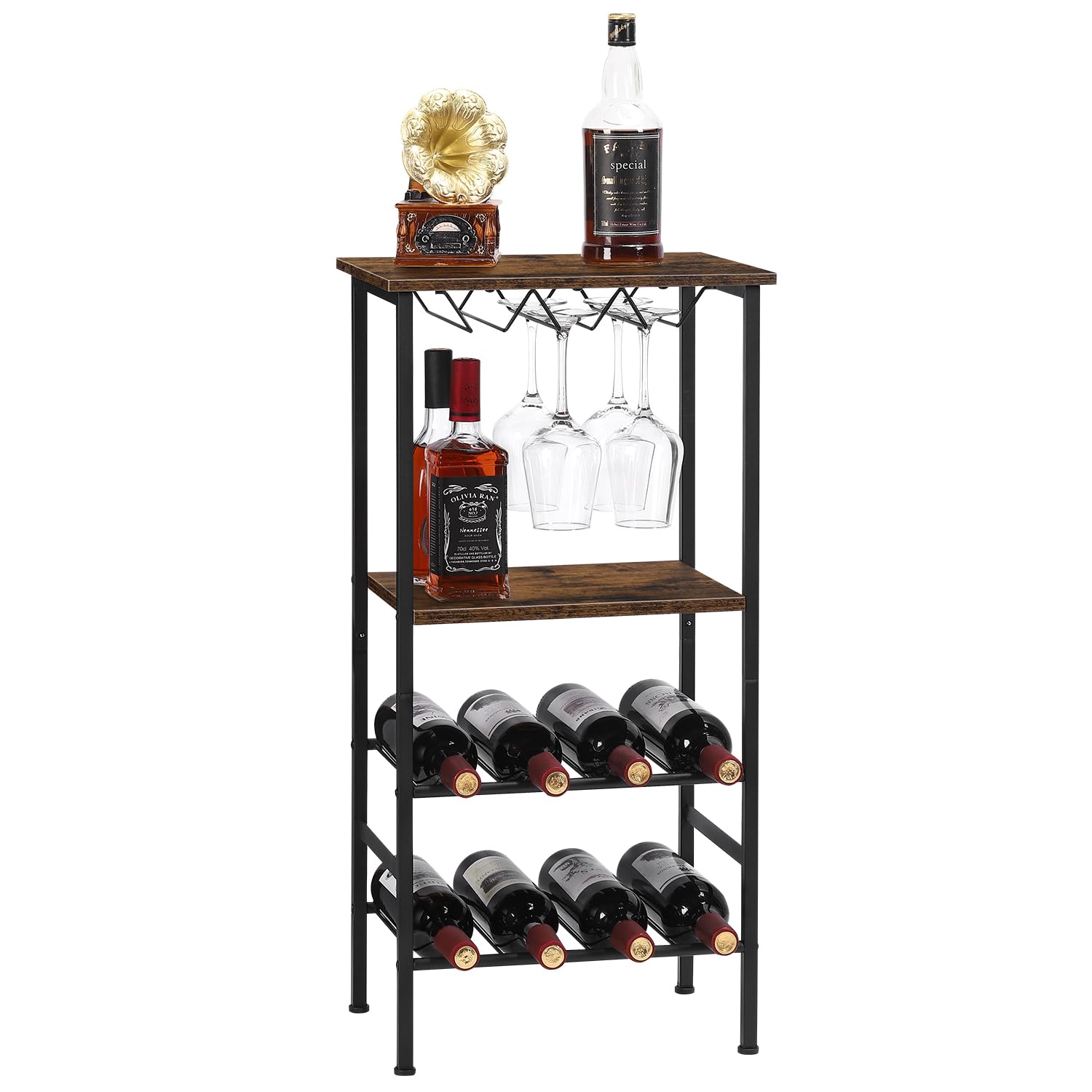 MOOACE Rustic Wood Wine Rack Table - Freestanding Floor Wine Cabinet with Storage for 8 Bottles, Industrial Style Bar Stand for Home, Kitchen, Dining Room or Wine Cellar - Brown