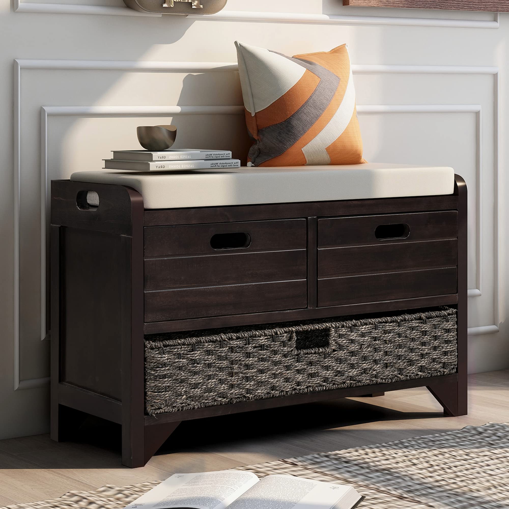 Merax Storage Bench with 2 Drawers & Removable Basket - Fully Assembled Entryway Shoe Bench with Cushion - Perfect for Hallway, Bedroom & Mudroom Organization
