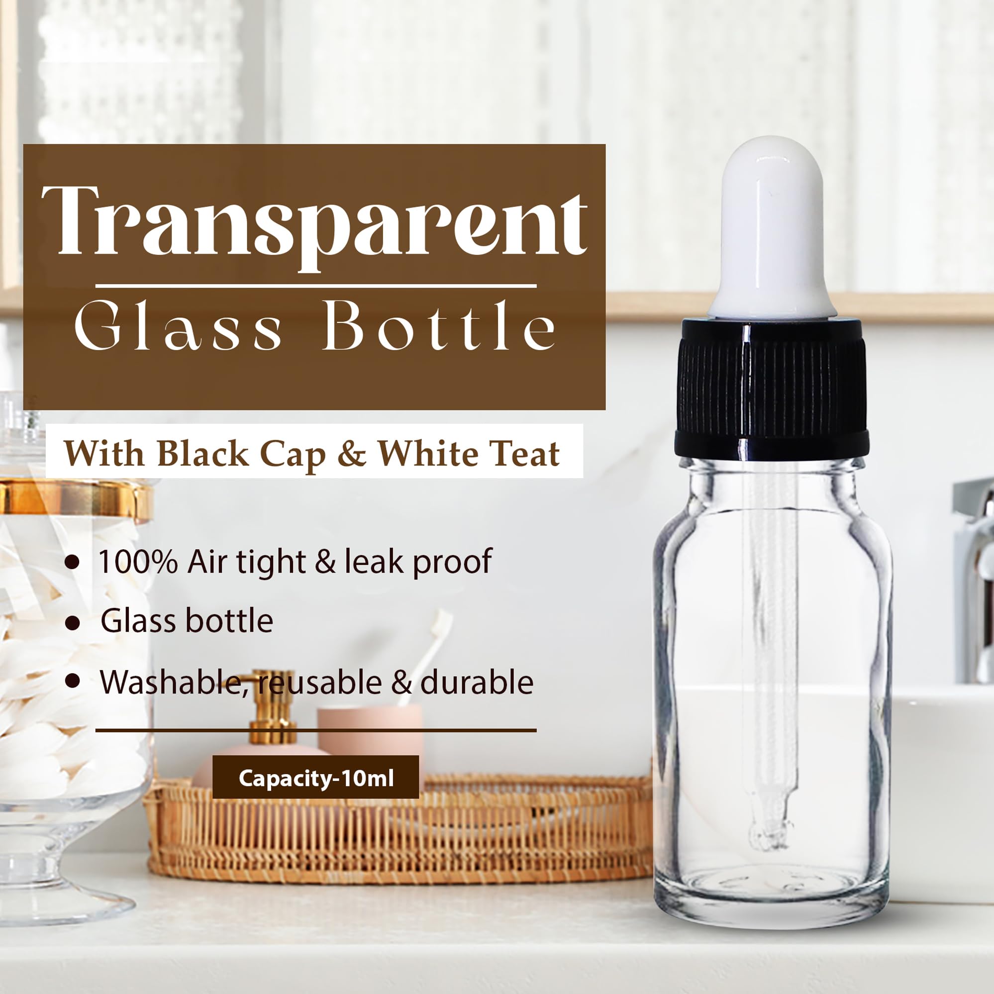 NSB Herbals 10ml Clear Round Empty Glass Bottle with Dropper & Black Ring - White Silicone Teat for Essential Oils, Perfumes, DIY Liquids (Pack of 3) | Refillable Travel-Size Containers for Aromatherapy & Beauty Products