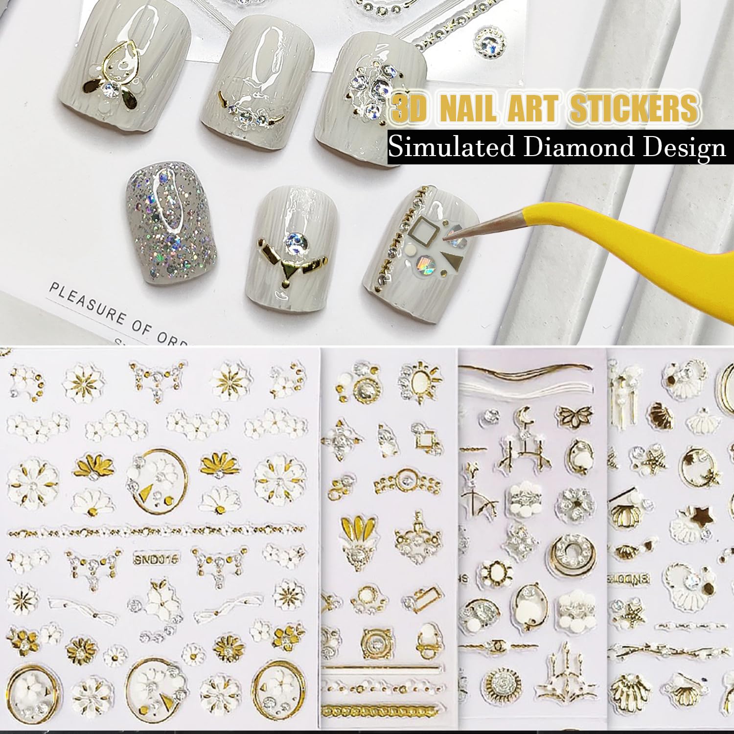 32 Sheet 3D Nail Art Stickers - Gold & Diamond Luxury Design, Self-Adhesive Nail Decals with White Flowers, Hearts, Lines & Geometric Patterns for DIY Nail Decoration | French Manicure Accessories for Parties, Weddings & Special Occasions