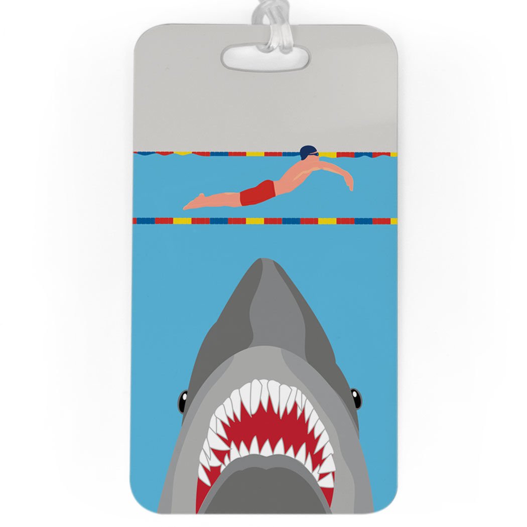 Swimming Luggage Tag & Bag Tag - Shark Attack Design for Guys - Customizable Personal Info on Back - Large Size - Perfect for Travel, Beach Trips & Pool Parties