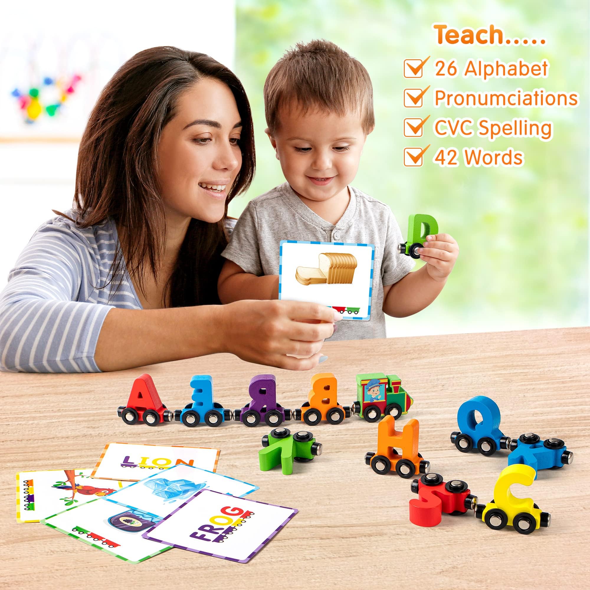 Vanmor 27 PCS Magnetic Wooden Alphabet Train Set | ABC Letter Learning Toy with 42 Flash Cards, Engine & Storage Bag | Educational Toys for Toddlers Ages 3-7 | Preschool Learning, Homeschool & Classroom Activities