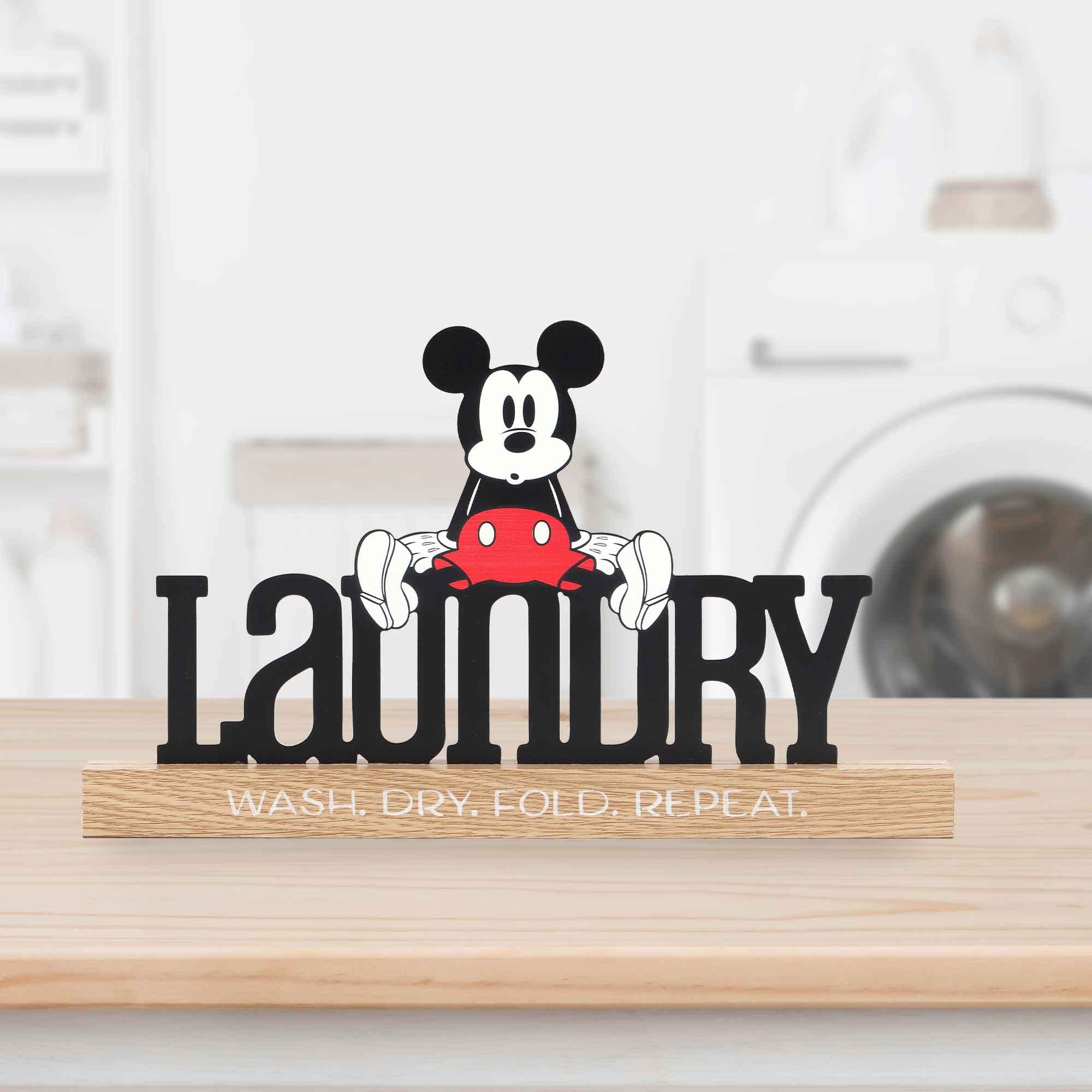 Disney Mickey Mouse Laundry Room Decor - Wash Dry Fold Repeat Metal Sign on Natural Wood Base for Home, Kitchen, Laundry Room Organization & Disney Fan Gift