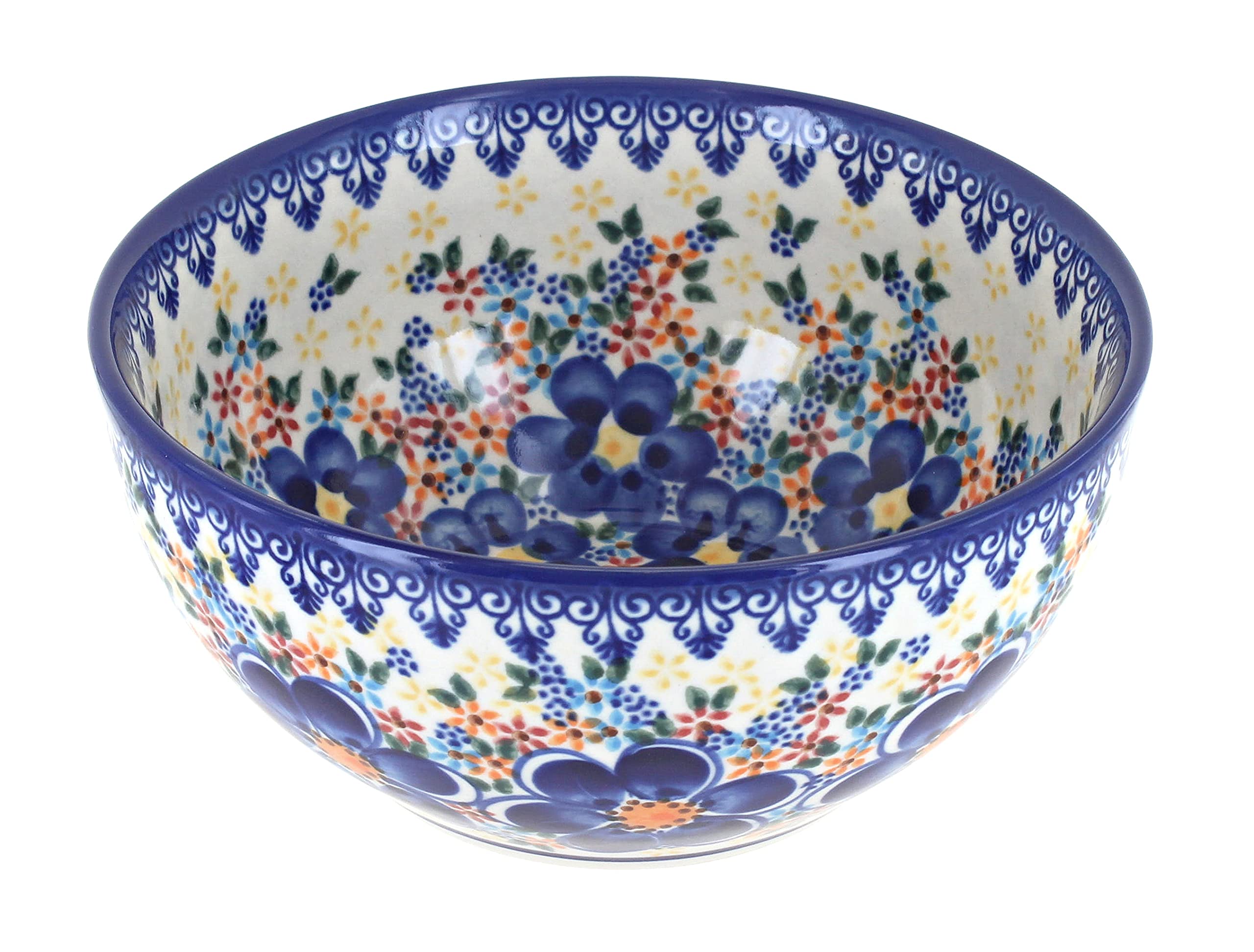 Handmade Blue Rose Polish Pottery Bowl - Blue Dahlia Design Ceramic Cereal & Soup Bowl - Perfect for Breakfast, Soup, Salad & Dessert Serving