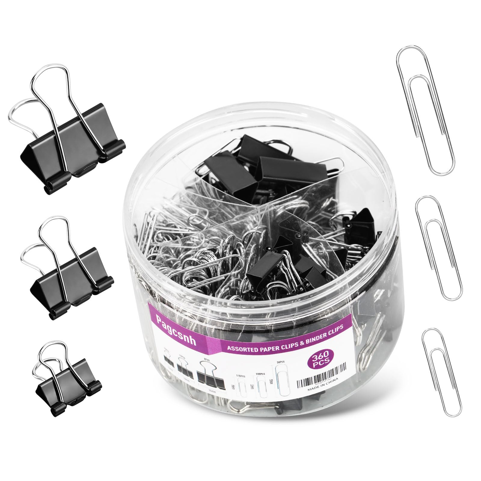 360 Pcs Binder Clips & Paper Clips Set - Assorted Sizes with Storage Container (Silver & Black) | Heavy Duty Office Supplies for Organizing Documents | Perfect for Office, Home, School & Craft Projects
