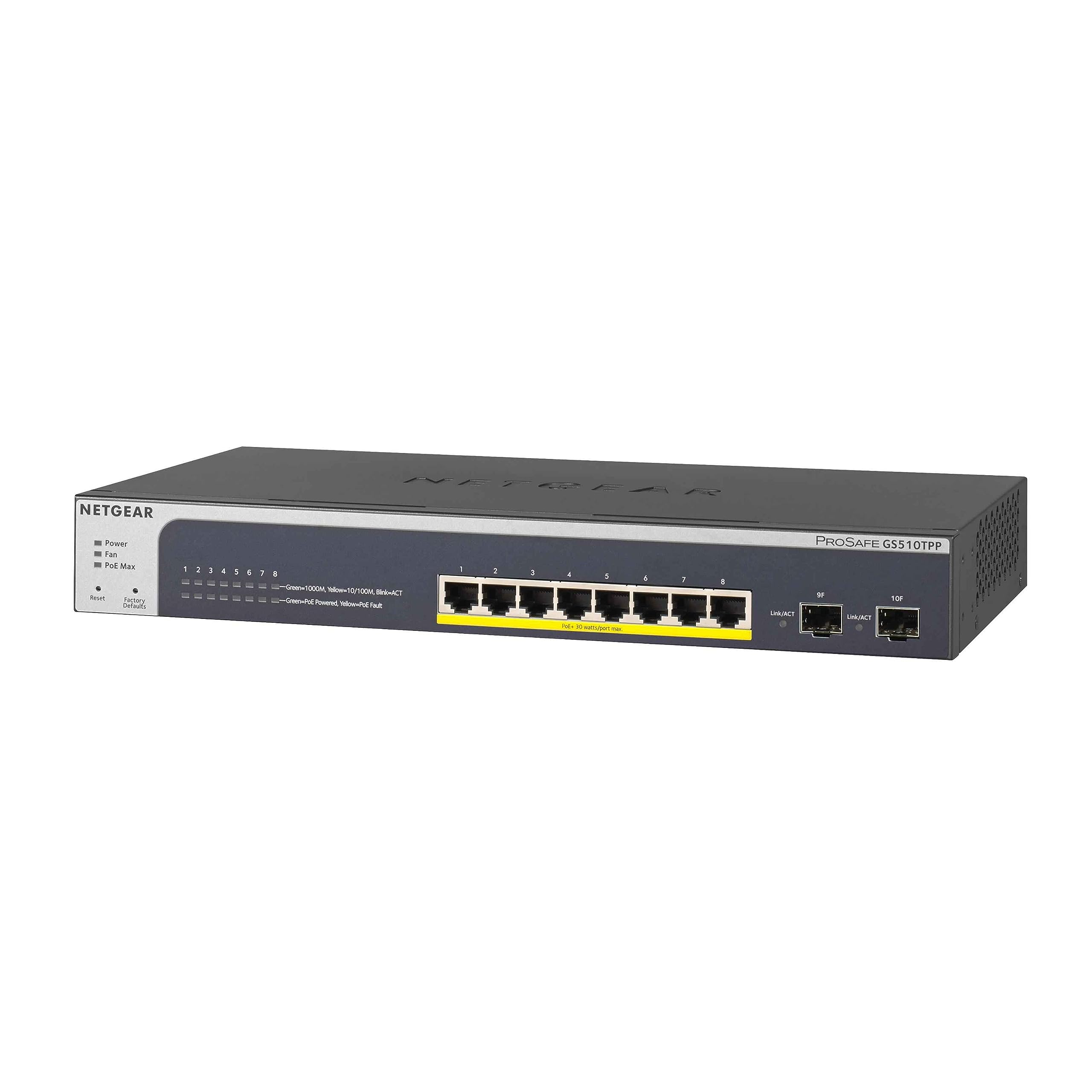 NETGEAR GS510TPP 8-Port Gigabit PoE+ Smart Managed Switch with 2 SFP Ports & 190W Power - Rackmountable for Office & Home Network Setup