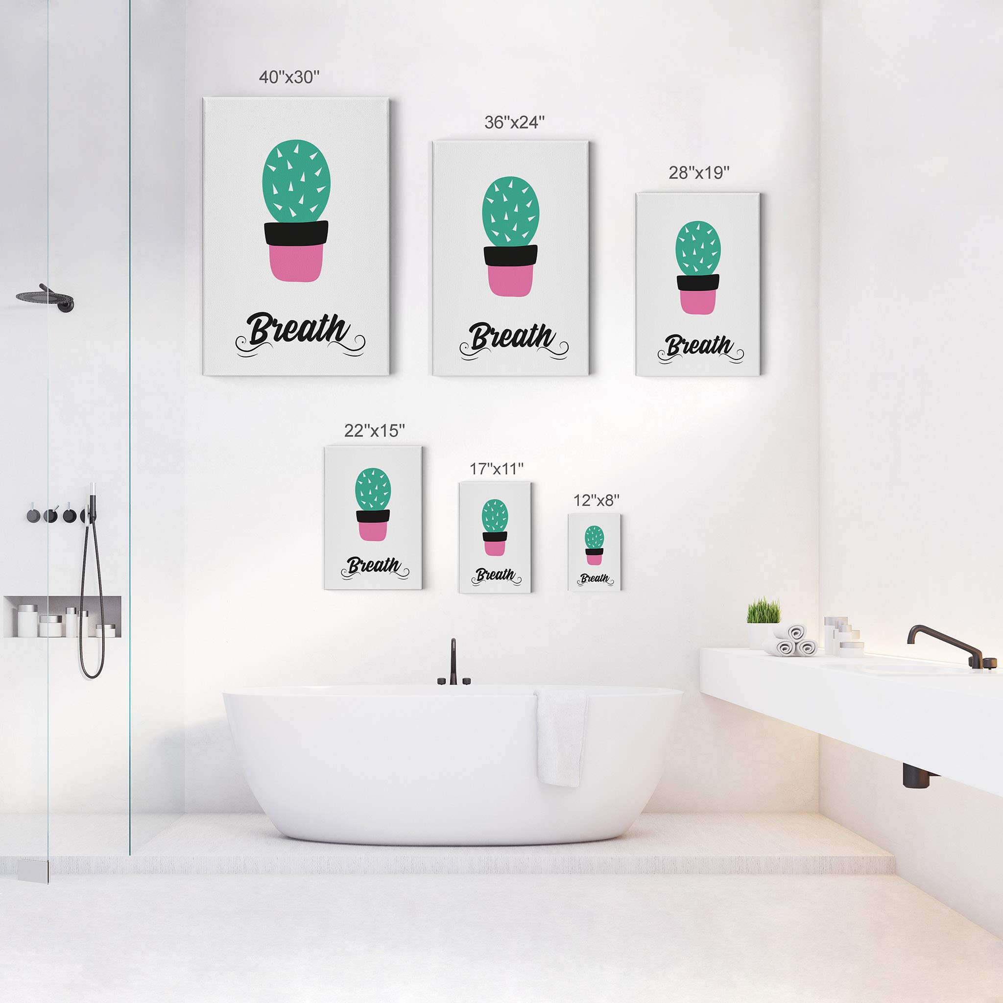Smile Art Design Breath Typography Cactus Canvas Print - 36x24 Inch Bathroom Wall Decor, Ready to Hang Home Decoration Made in USA | Perfect for Bathroom, Living Room & Bedroom Wall Art