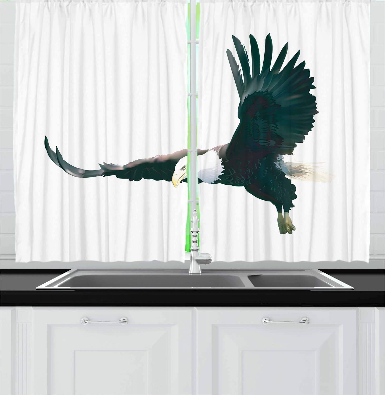 Ambesonne Eagle Print Kitchen Curtains - Black White Yellow Digital Art Predator Bird Design - 55