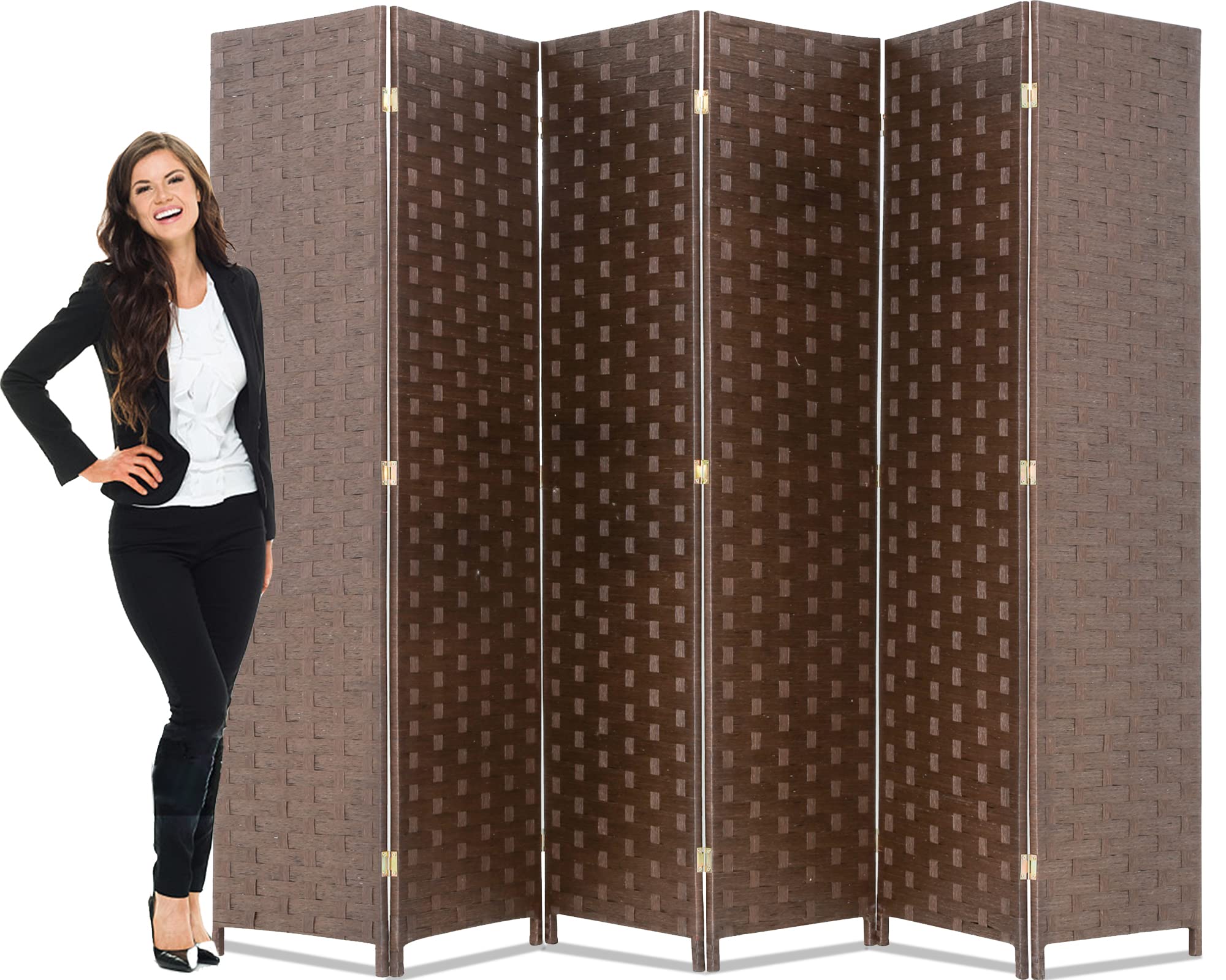 6-Panel Wood Mesh Woven Room Divider - Foldable Privacy Screen for Home Office, Bedroom & Living Room | Portable Partition with Natural Brown Finish | Perfect for Creating Private Spaces in Open Areas